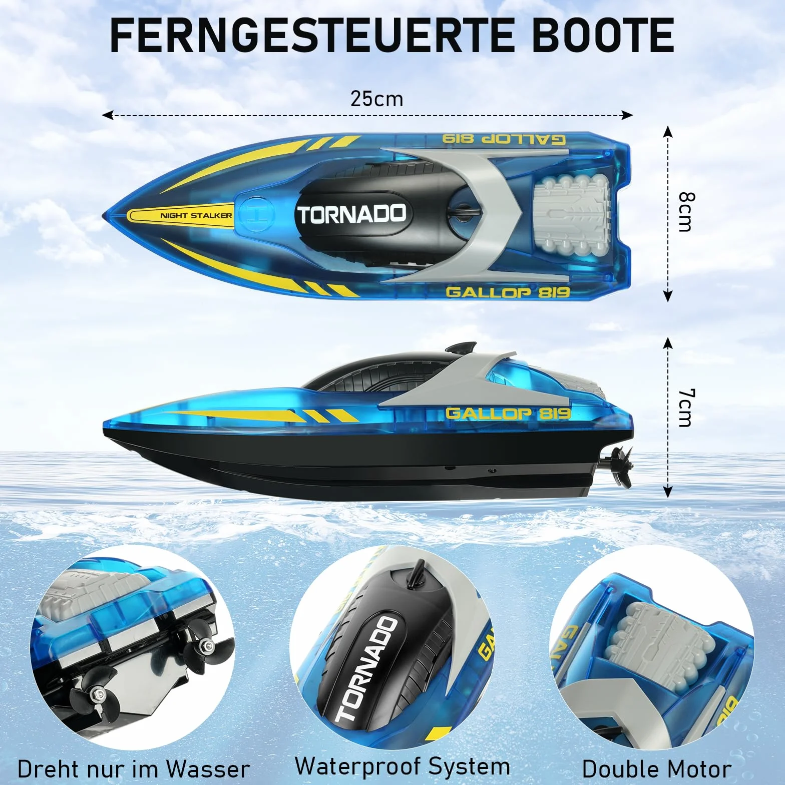 HOTUT Barco Teledirigido, 2.4GHZ Barco de Control Remoto con 2 Baterías Recargables, Luces LED, para Regalo para Niños,Niñas y Adultos
