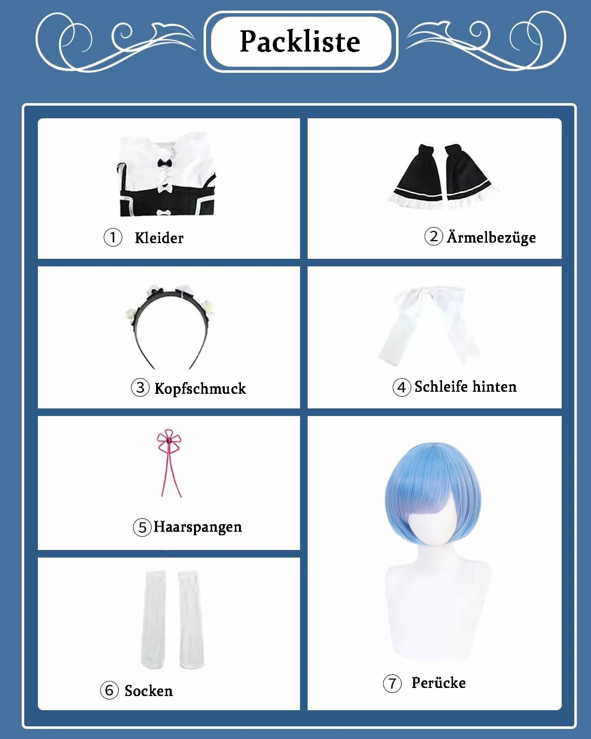 Fiamll Anime Ram Rem Cosplay Disfraz Emilia Outfit Re Life In A Different World From Zero Maid Vestido Uniforme Completo Set Carnaval Dress Up Traje con Peluca para Mujeres Niñas