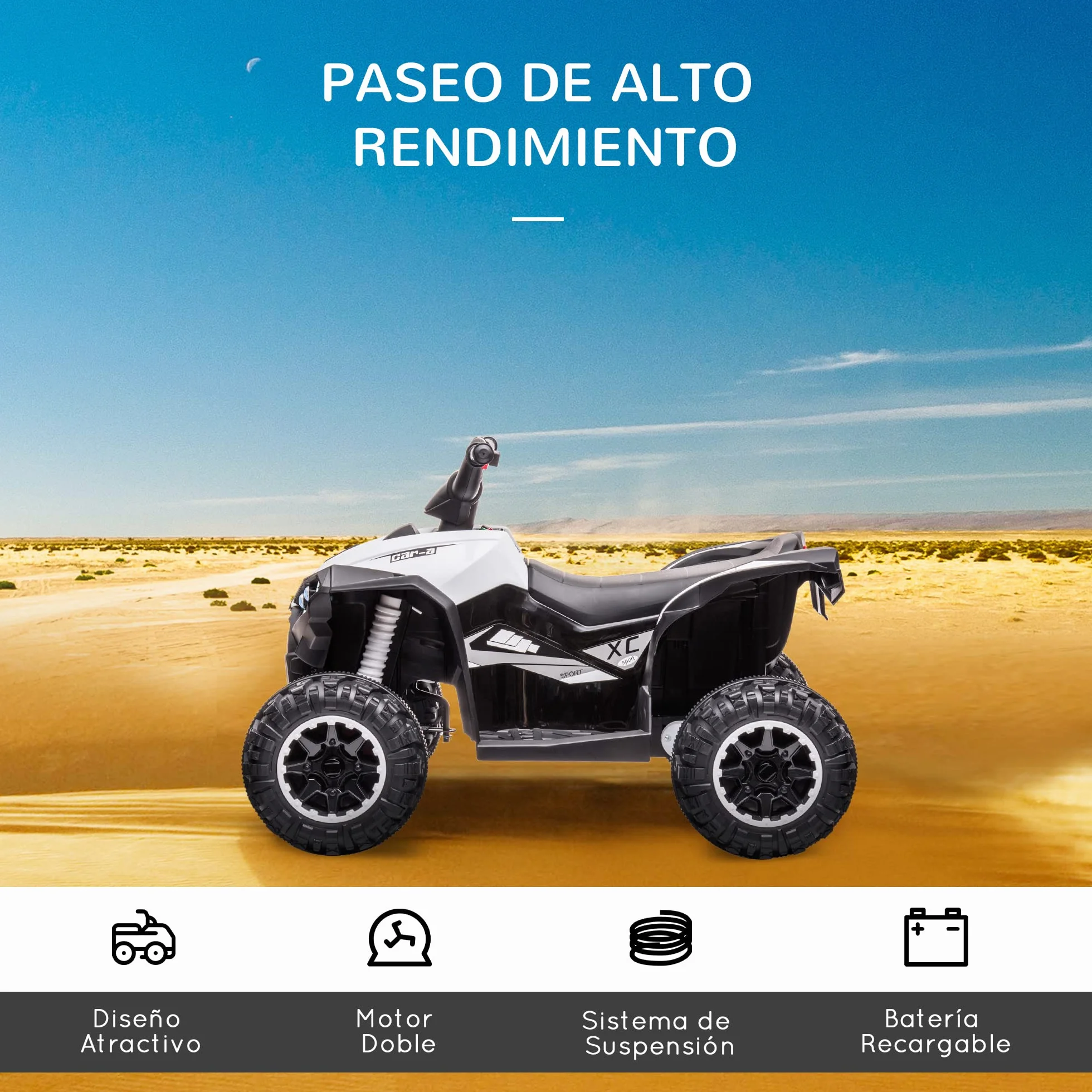 HOMCOM Quad Eléctrico para Niños 12V, Quad para Niños de 3-5 Años, con 2 Motores, Velocidad Ajustable 3-6km/h, Faros, Bocina, Música, USB, Avance y Retroceso, Blanco