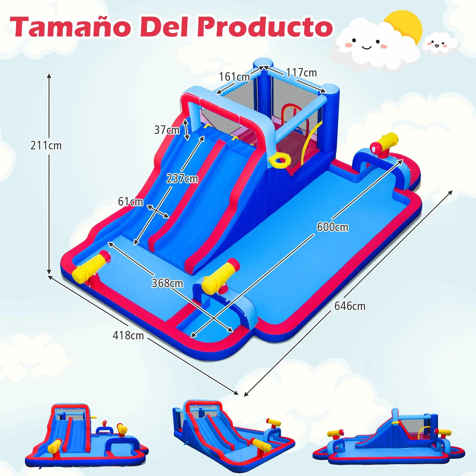 COSTWAY Castillo Hinchable Acuatico, 9 en 1 Castillo Hinchable para niños 3-5 Años con 3 Niños, 646 x 418 x 211 cm, Seco y Agua, Insuflavel Crianças Interior Exterior (con soplador de 950W)