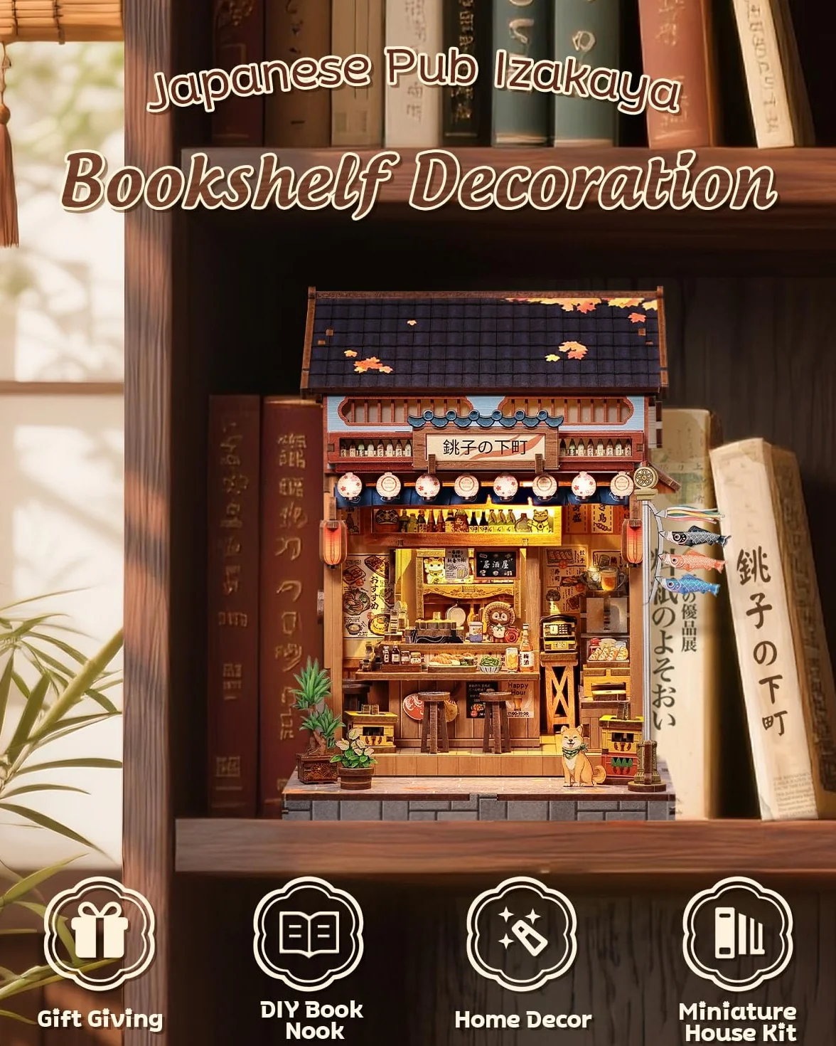 CUTEBEE Book Nook Kit para Adultos - Maqueta 3D Izakaya Japonesa en Miniatura, Casa de Muñecas con Decoración para Estanterías, Puzzle de Madera DIY y Regalo Creativo（Choshi no Shitamachi）