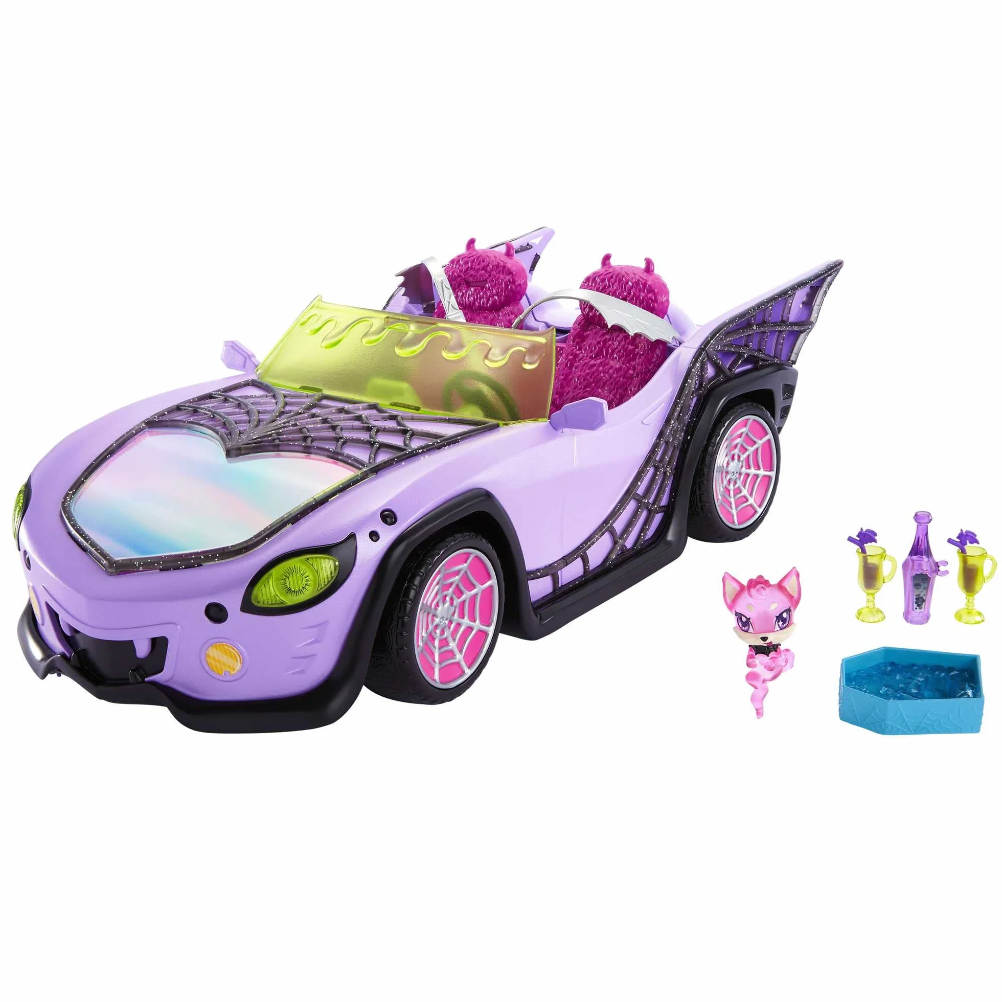 Monster High Coche de juguete, móvil Ghoul con accesorios para mascotas y refrigeradores, convertible morado con detalles de telaraña, HHK63