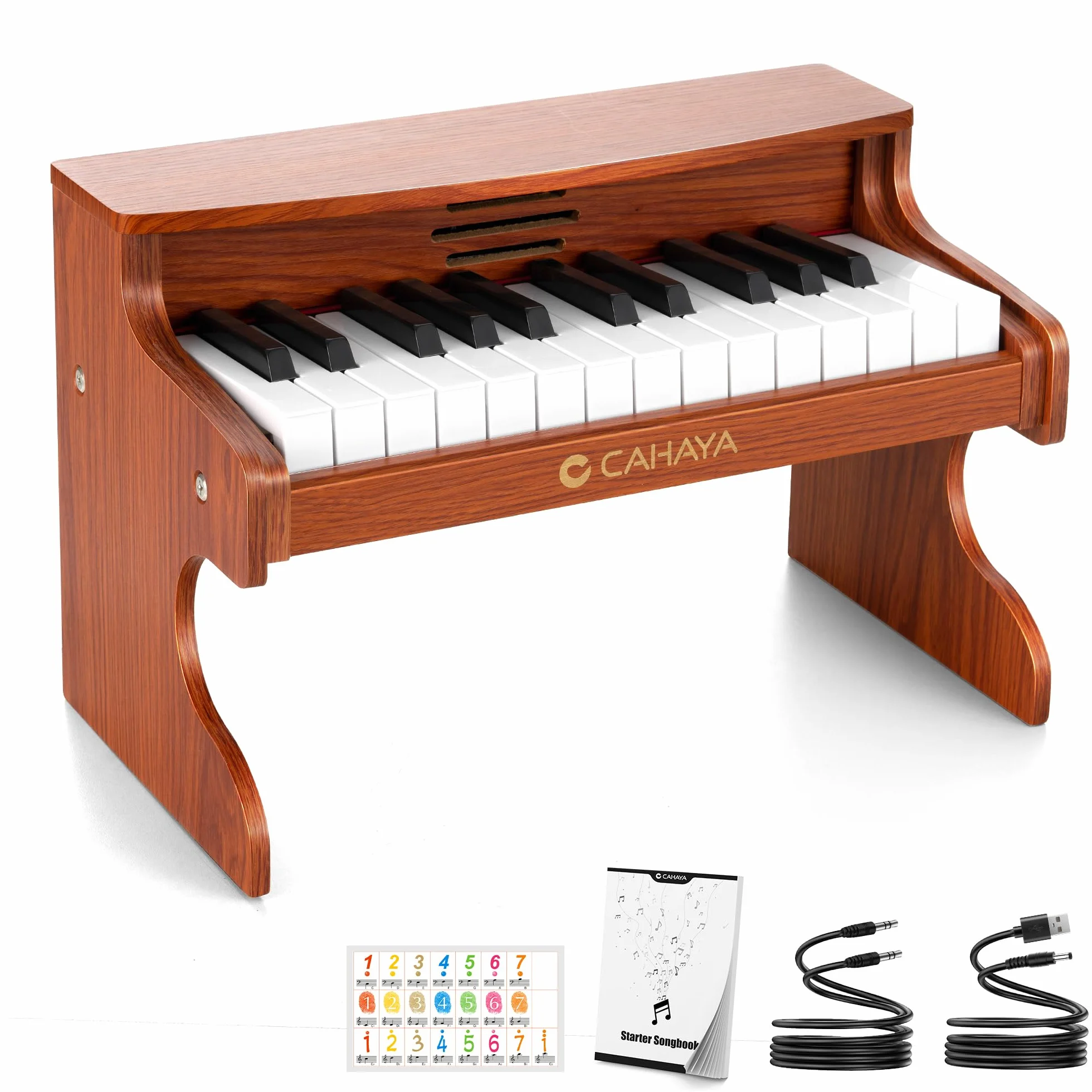 CAHAYA Piano Infantil de 25 Teclas - Piano Eléctrico para Niños de Madera con Partituras de Pianos y Pegatinas Indicadoras de Notas El Regalo Ideal para Jóvenes Músicos