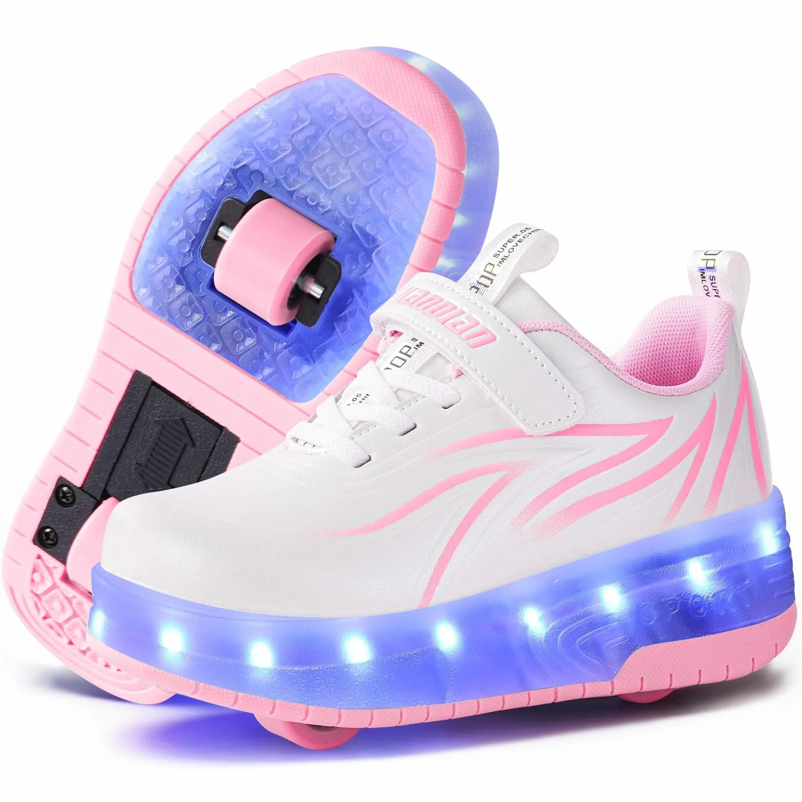 flintronic Buty z Dwoma Kółkami dla Dziewczynki, Świecące LED 2 w 1 Buty do Skateboardingu, Ładowane przez USB