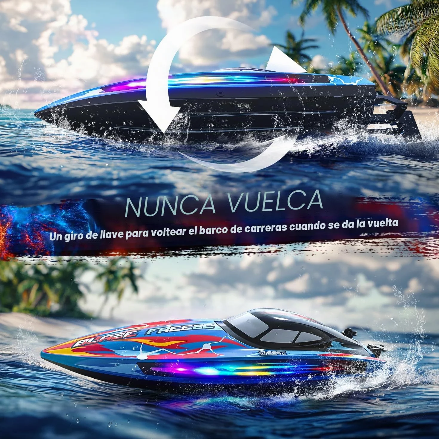 DEERC Barco Teledirigido Lancha rápida a Control Remoto para Piscina y Lago con luz LED, 20+mph, 40+ Mins, autoadrizable, para niños, Juguete acuático de Verano de 2,4 GHz