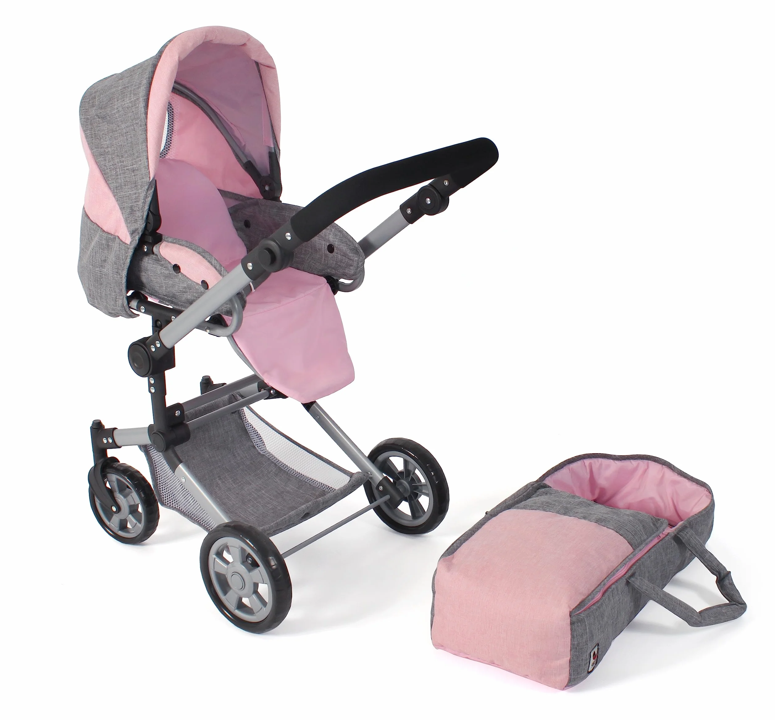 Bayer Chic 2000 Carrito 3 en 1 para muñecas Jara, Gris y Rosa, Plegable, Mango Regulable 47-78 cm, Bolsa Transporte
