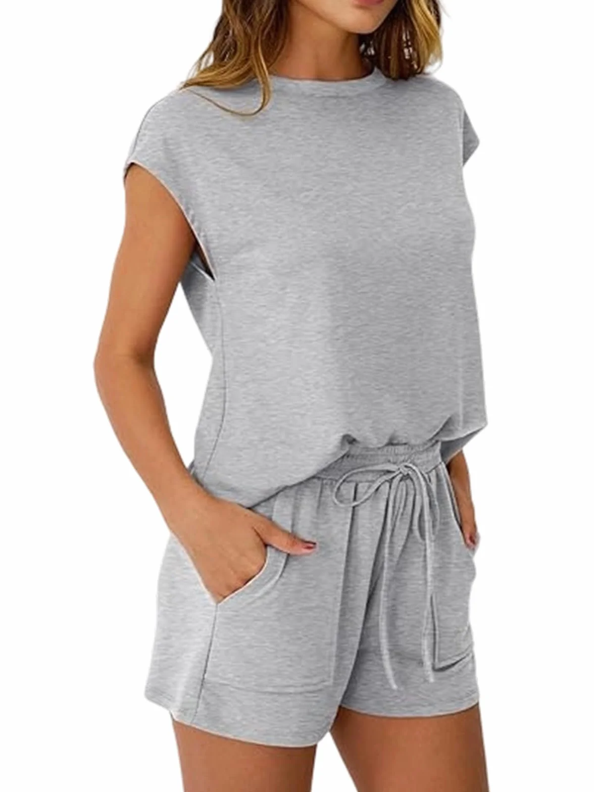 Chándal Mujer Verano 2 Piezas Casual Cuello Redondo Top Sin Mangas Pantalones Cortos Bolsillos Cordón Ajustable