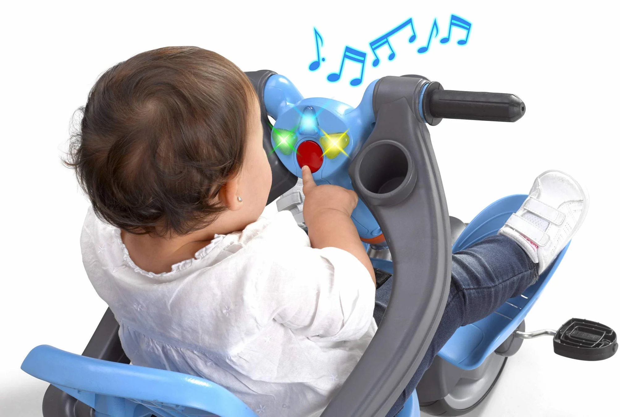FEBER - Baby Plus Music, Triciclo para Niños con Estructura Metálica y Cinturón de Seguridad, 2 Posiciones, Silla de Empuje y Mando para Música con Altavoz, 9 Meses+, Azul, Famosa (800012100)