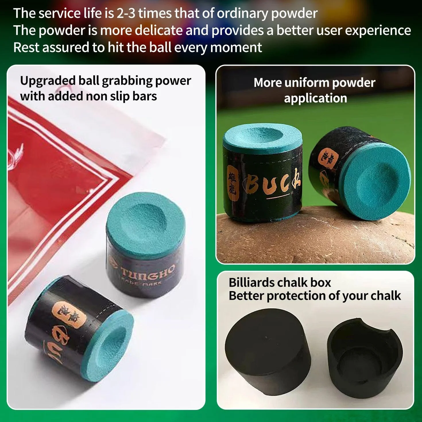 Tiza para taco de billar verde oscuro, 4 unidades, caja de polvo inteligente, accesorios de mesa de billar