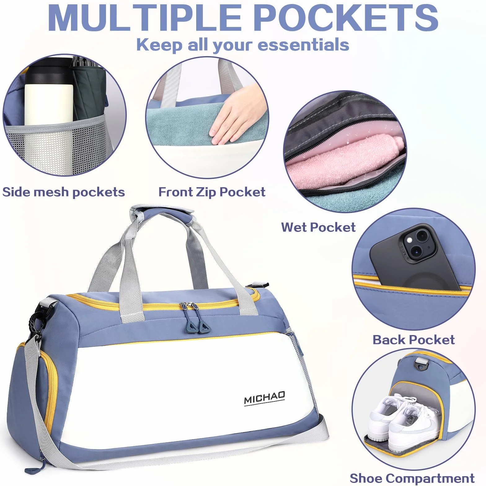 Bolsa Deporte Mujer Grande con Compartimento Zapatos y Mojado, Bolsa Viaje Mochila Gimnasio, Blanco+Azul