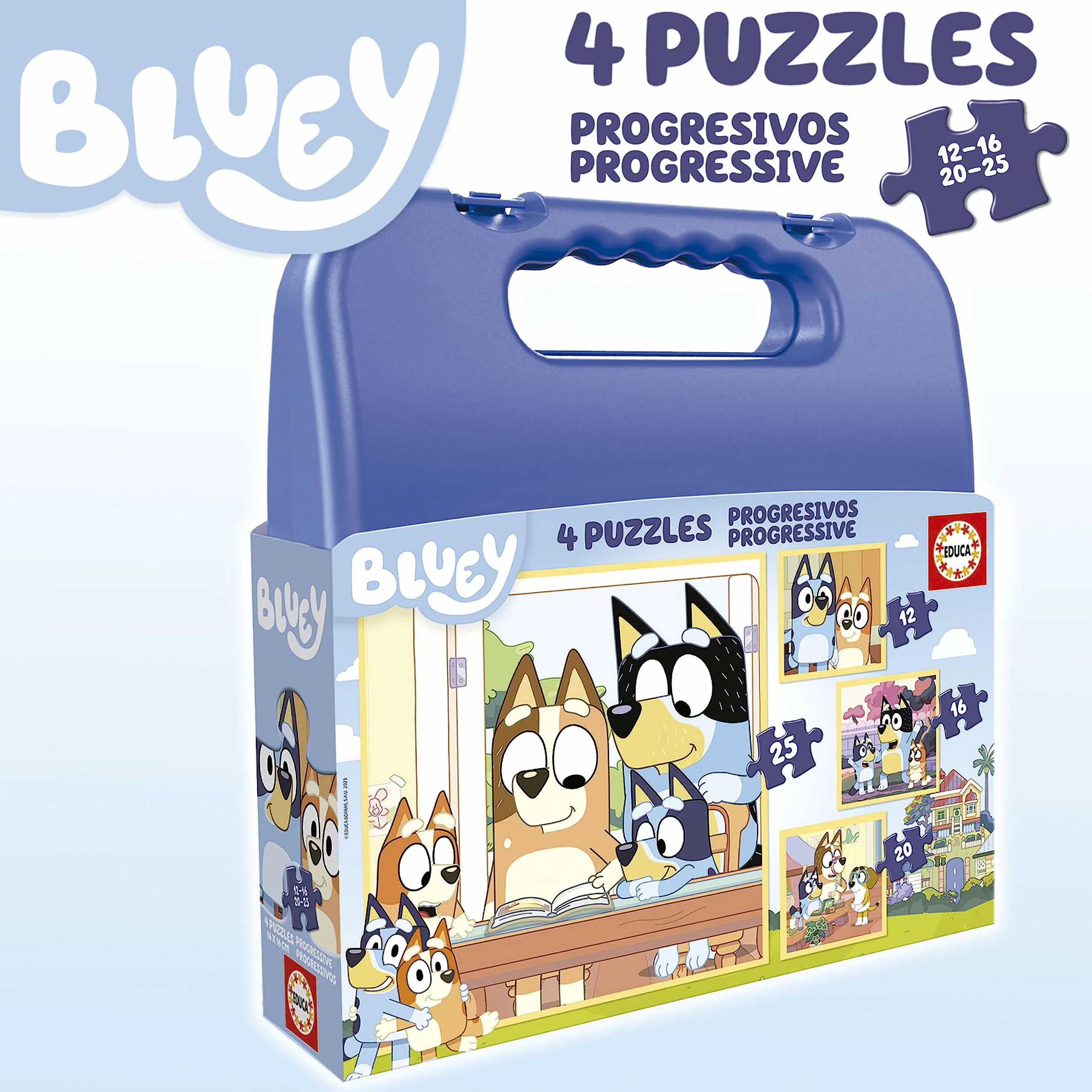 Educa - Set de Cuatro Puzzles progresivos de 12 a 25 Piezas con los Personajes de Bluey | Presentados en una magnífica Maleta para Poder guardarlos. Recomendados a Partir de 3 años (19830)