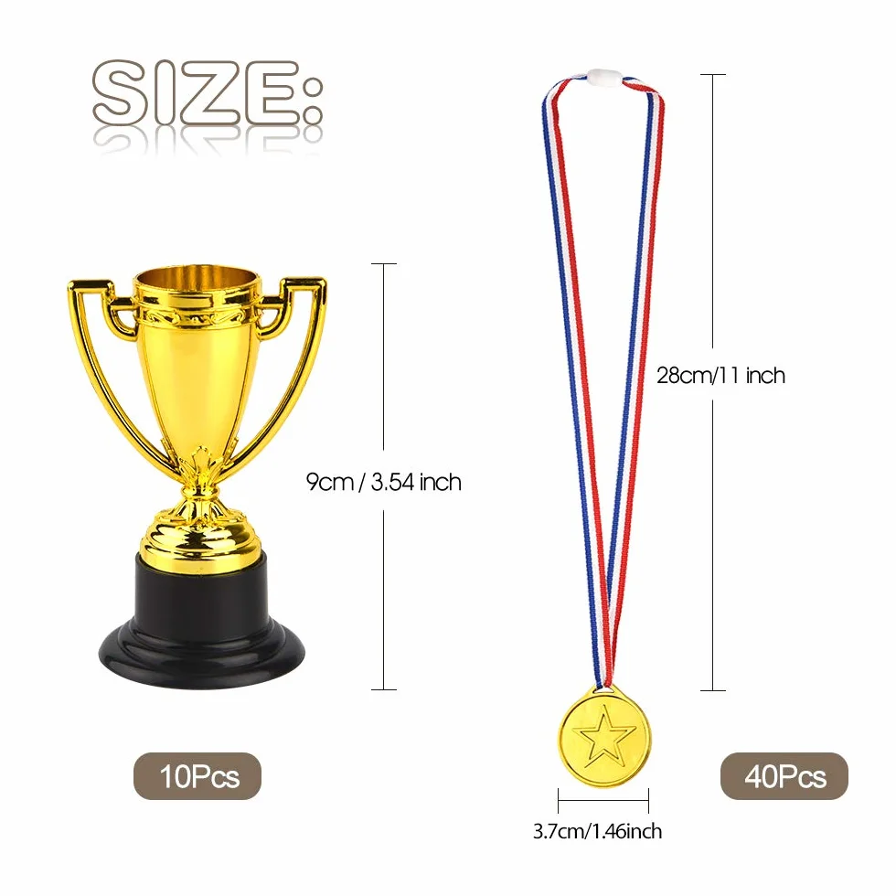 FEPITO Juego de Medallas y Copas de Trofeo 50 Piezas, Copa de Plástico Dorada 10 Piezas, Medallas de Ganador 40 Piezas para Premios Infantiles