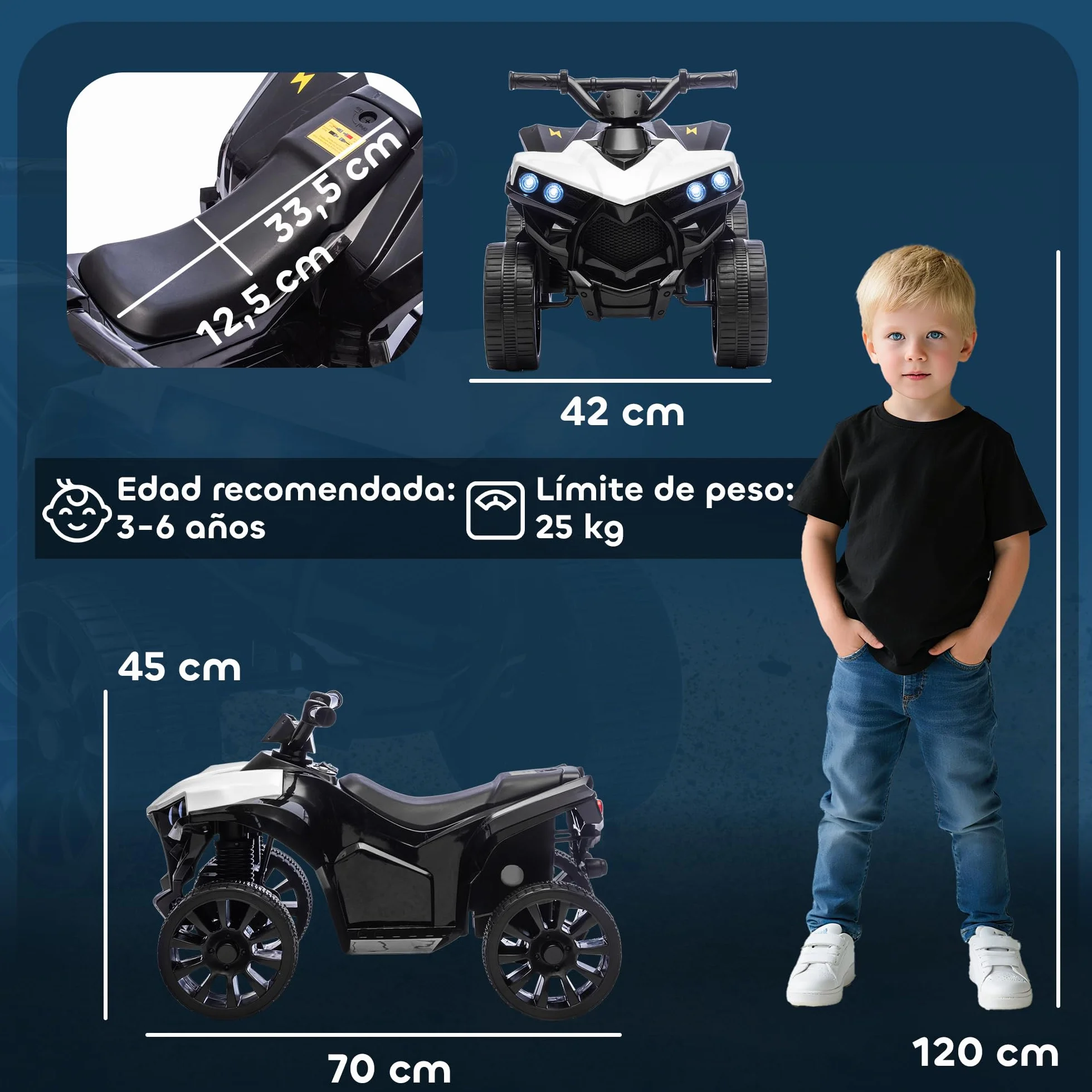 AIYAPLAY Quad Eléctrico para Niños 6V, Velocidad 3km/h, Faros y Música, Blanco