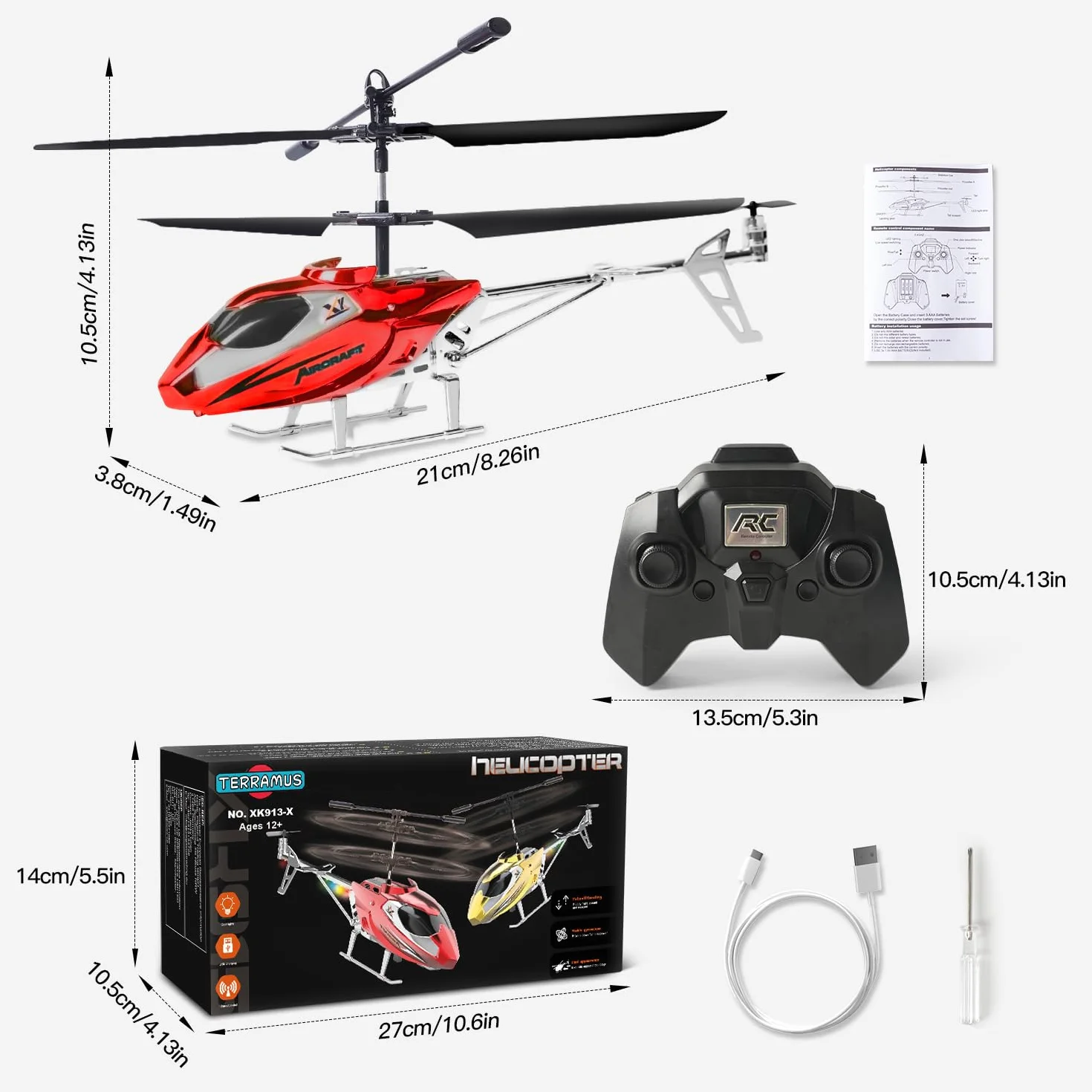 TERRAMUS Helicóptero para niños, helicópteros con giroscopio, Juguete de Interior de avión, Velocidad Alta y Baja, Regalo para niños y Adultos Principiantes