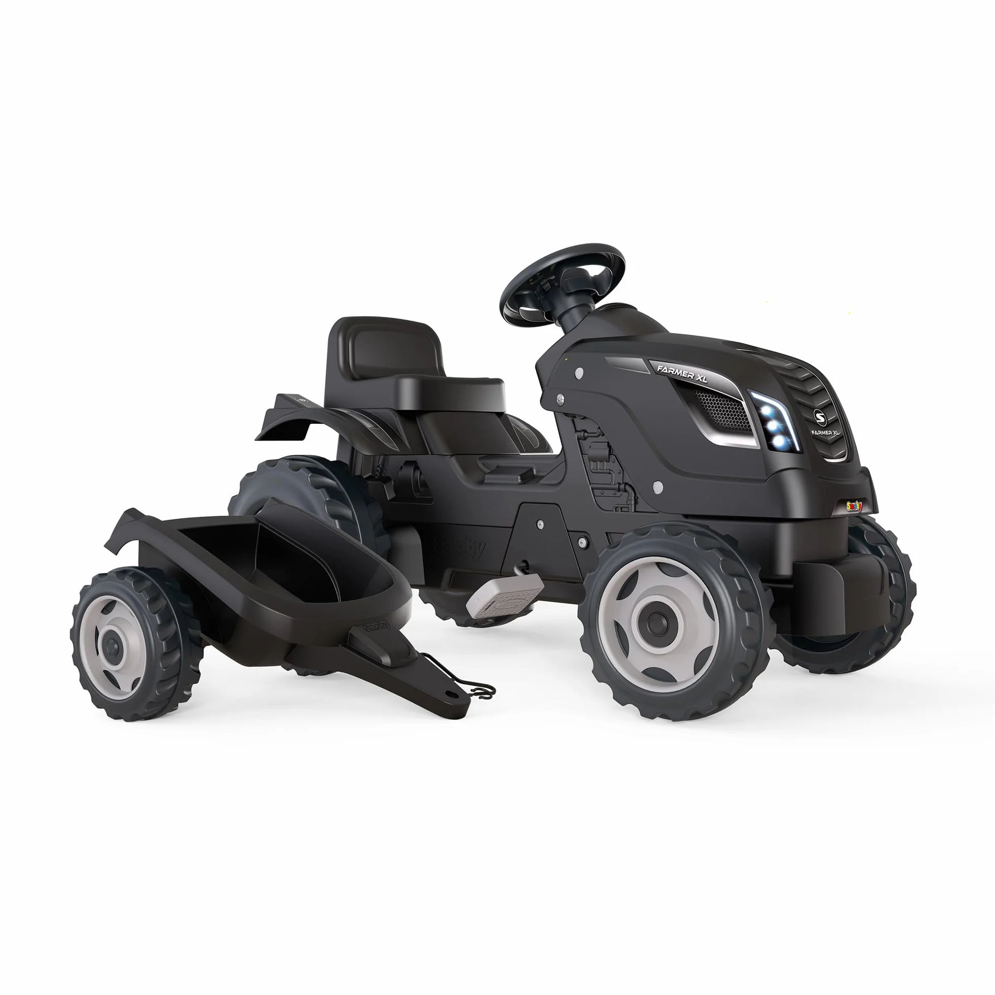 Smoby- Tractor Infantil con Pedales Farmer XL Negro, Muy Resistente, con Remolque, Volante con Bocina, Asiento Ajustable, A Partir de 3 Años (7600710131)