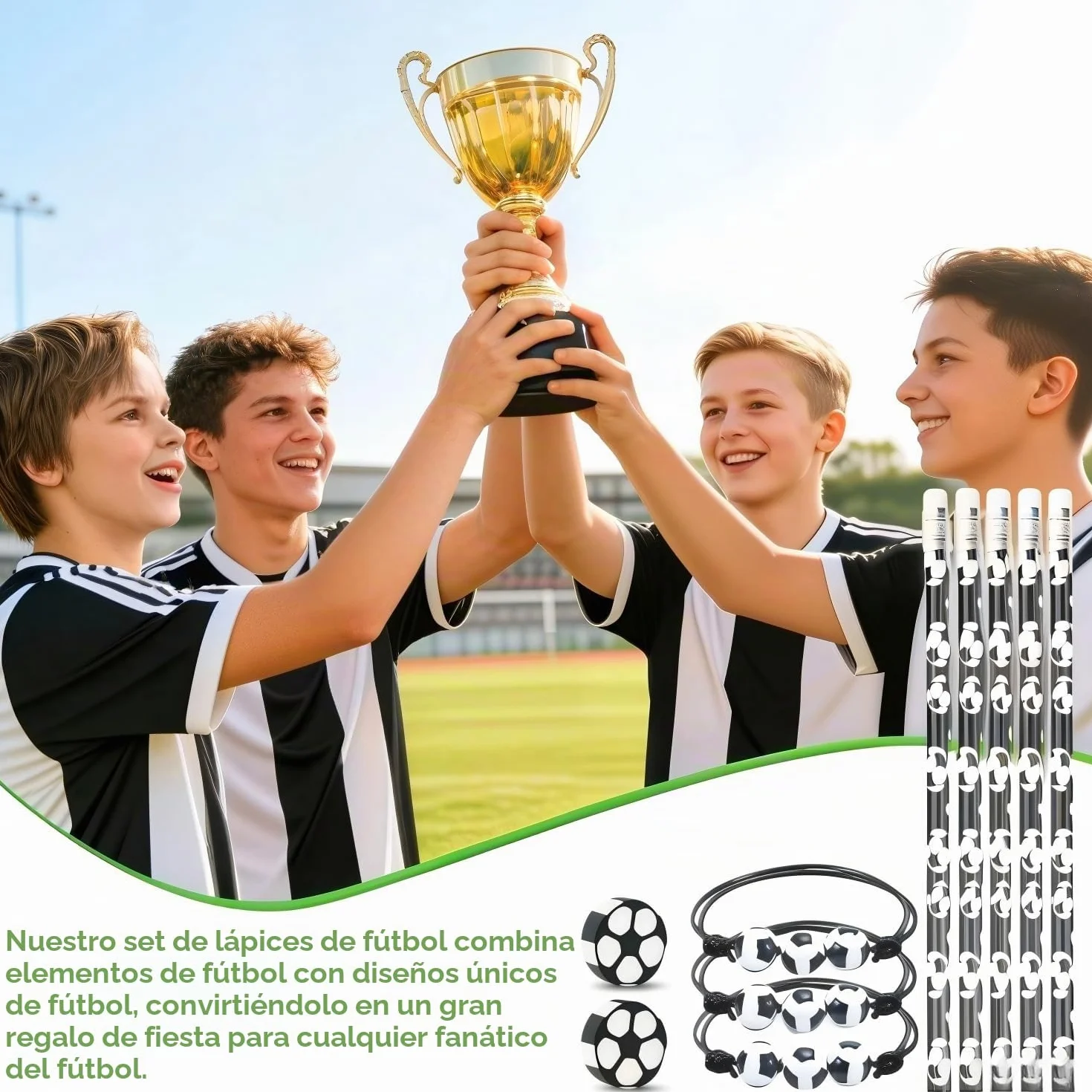 Juego de 36 obsequios de fútbol, 12 lápices, 12 gomas de borrar, 12 pulseras, regalos para la escuela, temas de fútbol, cumpleaños infantiles