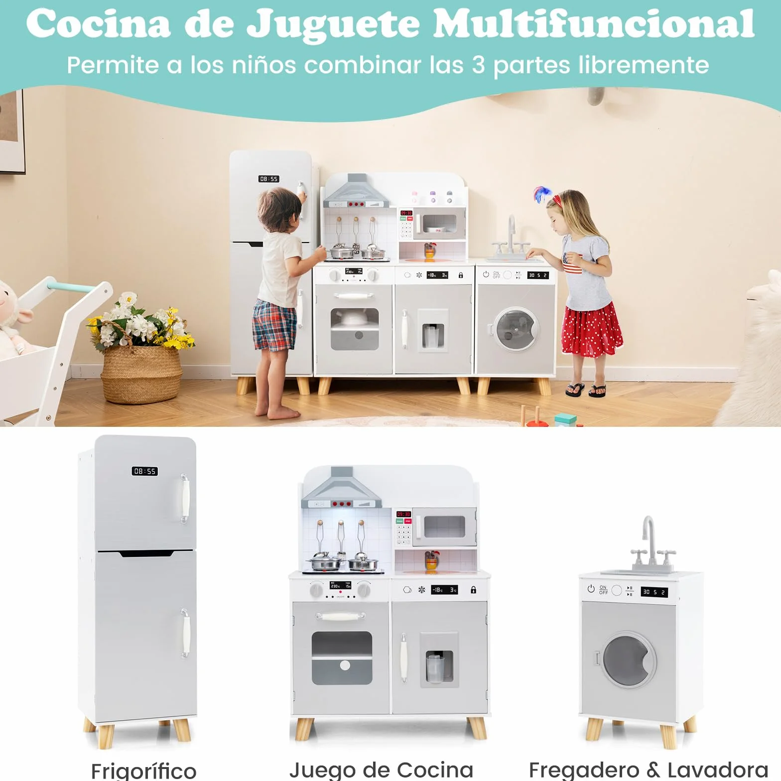 COSTWAY Cocina Juguete Infantil, Cocinita de Madera Infantil 3 en 1 con Refrigerador, Lavadora, Máquina de Hielo, Estufa, Fregadero, Horno, Microondas, Cocina Juguete con Luces y Sonidos (Gris)