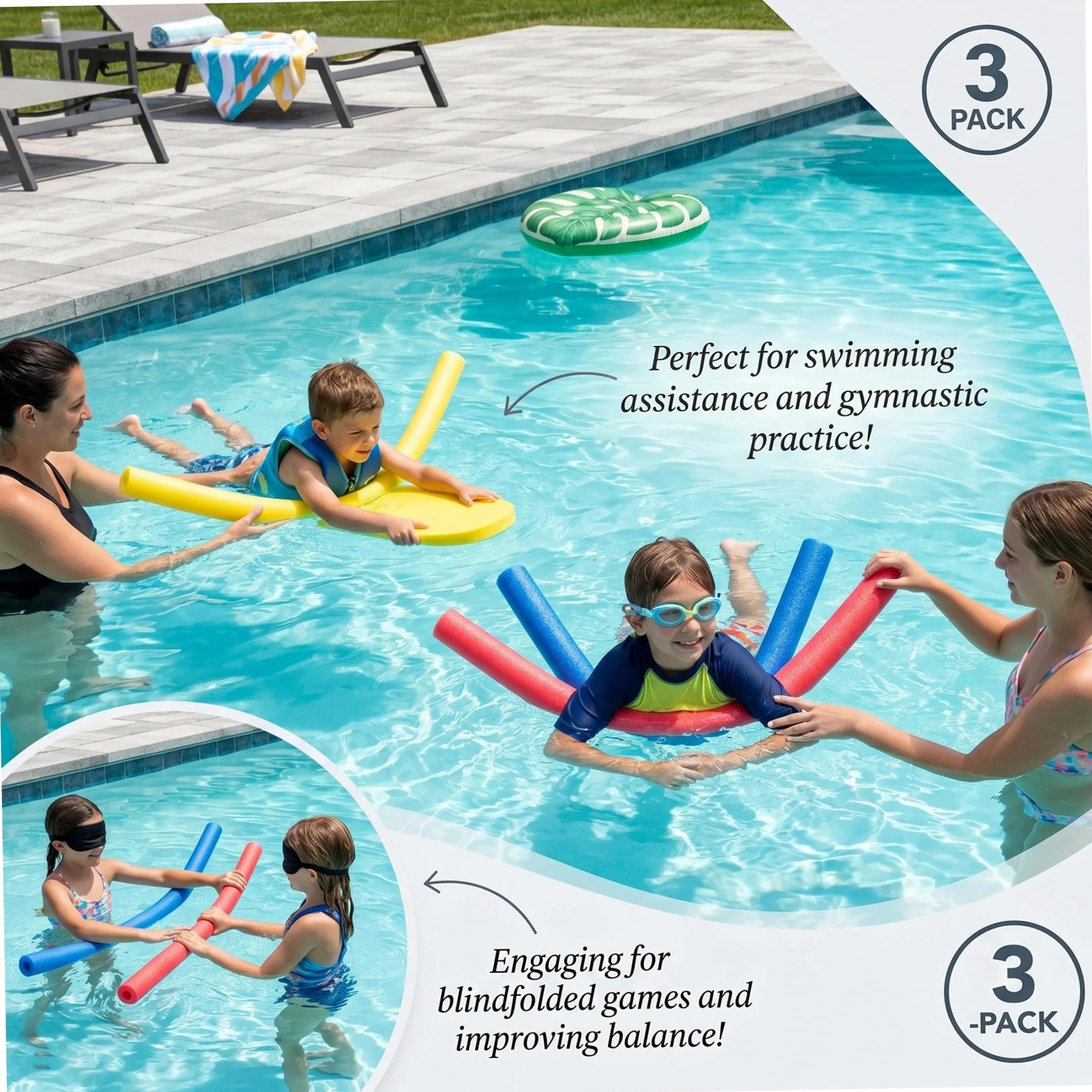 Pool Noodles 3PCS Pool Noodles Flotadores de natación Multiuso Huecos de Espuma para Juegos acuáticos y Ejercicio 59 Pulgadas