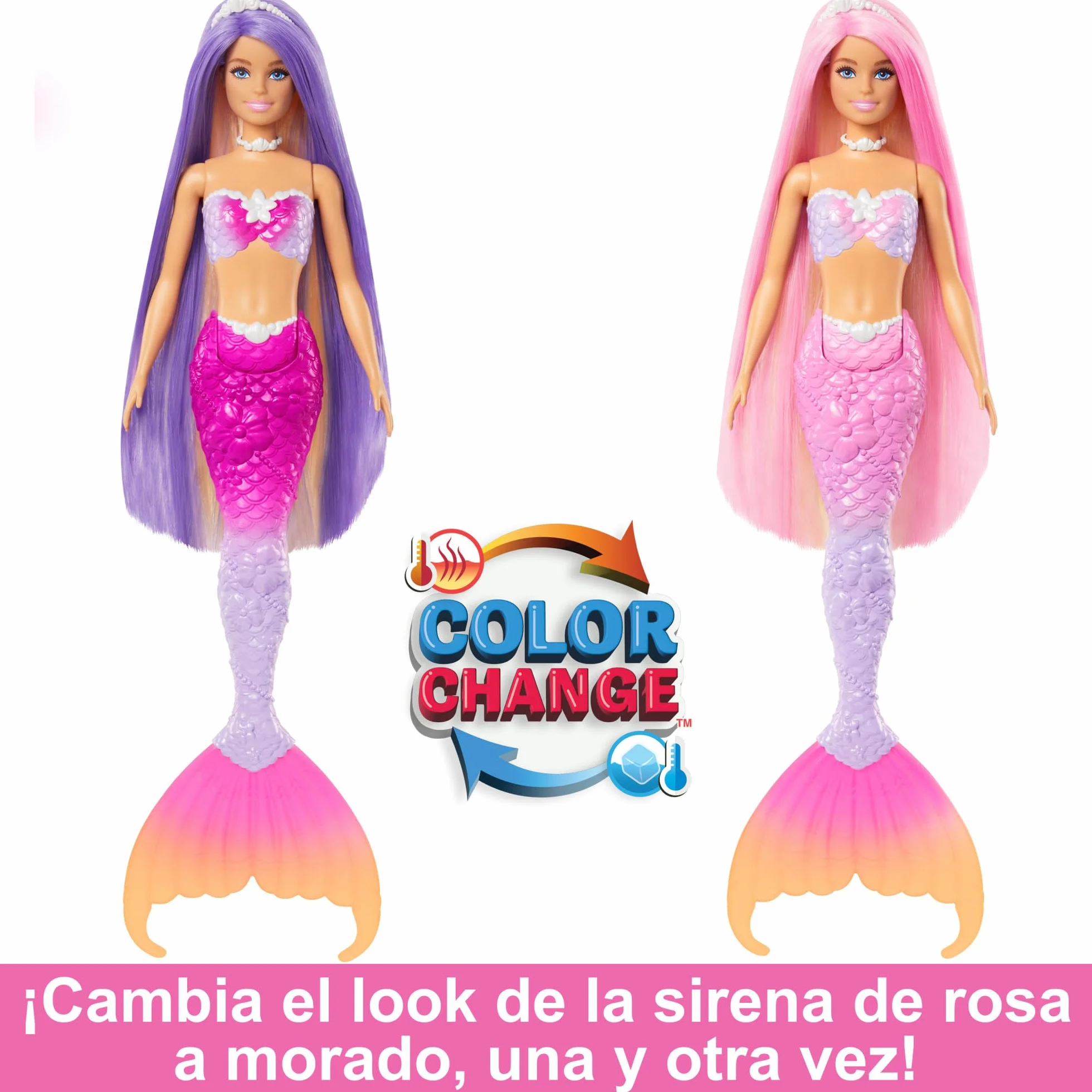 Barbie Muñeca sirena Malibú que cambia de color con el agua con accesorios de moda y delfín, serie Un toque de magia, juguete +3 años (Mattel HRP97)