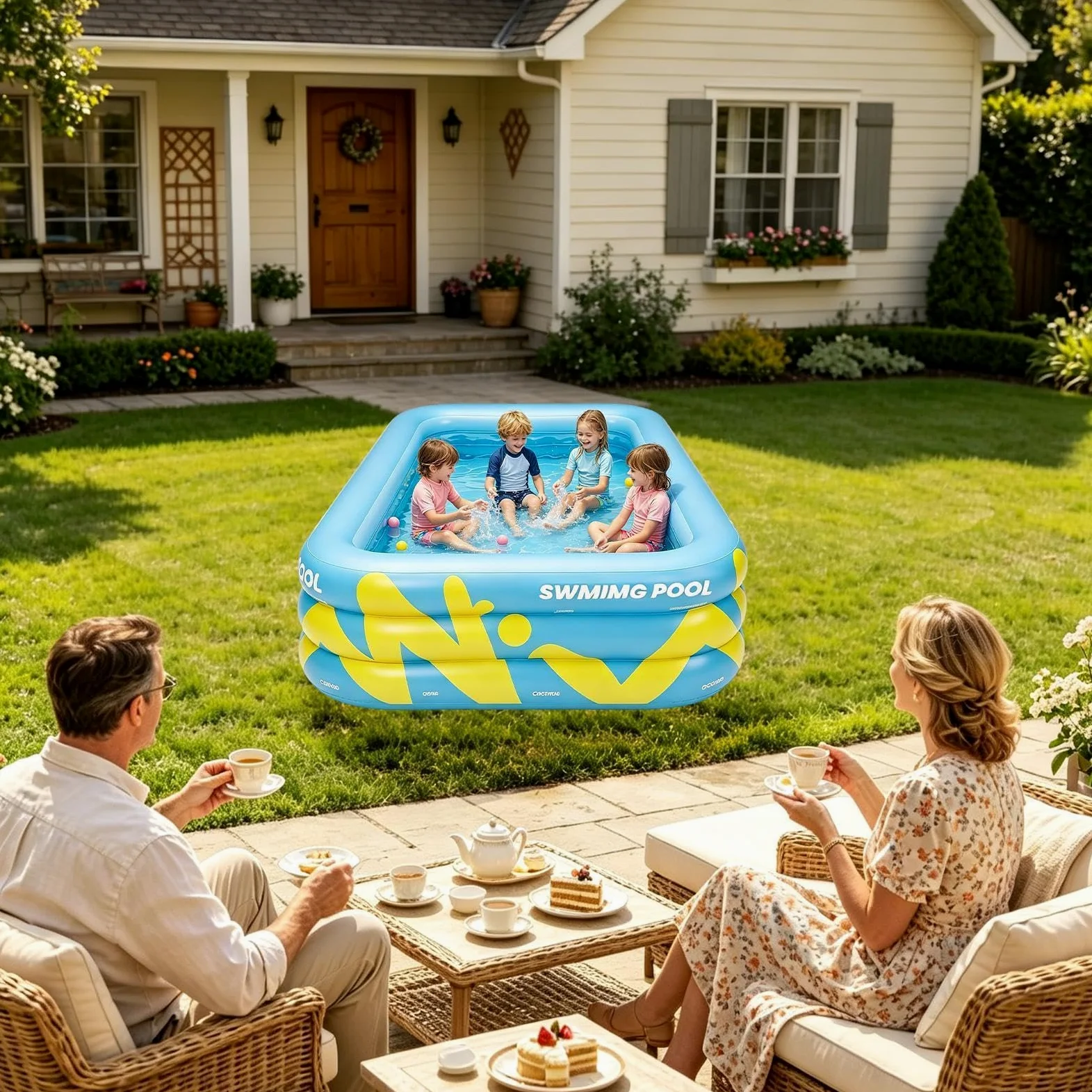 Piscina Hinchable Infantil 210 x 145 x 56 cm Gran Tina Reforzada E Inflable | Piscina De Jardín Trasero Para Verano Patio Exterior Jardín Césped Parque Juegos Y Natación Al Aire Libre Y