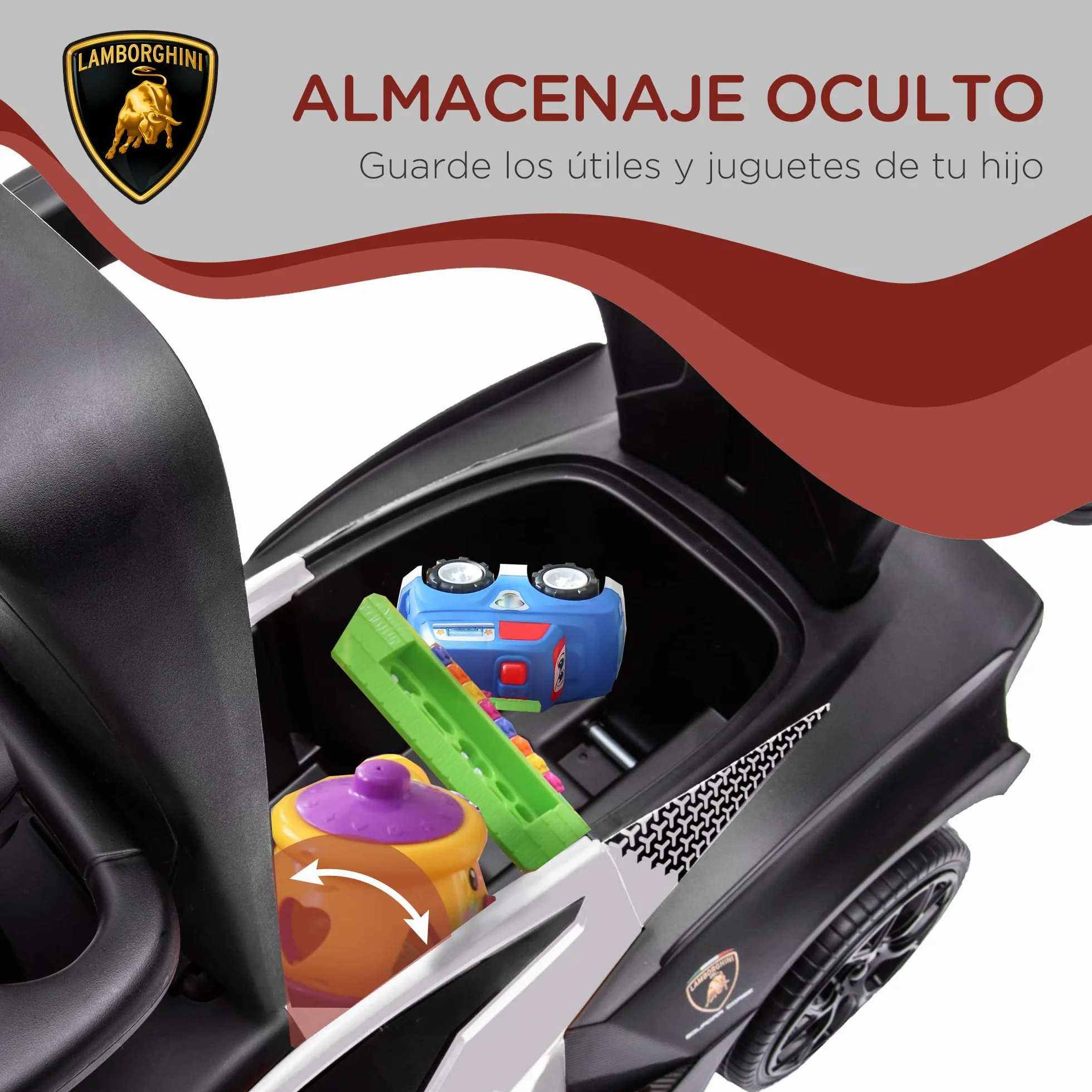 AIYAPLAY 2 en 1 Coche Correpasillos para Niños 12-36 Meses Lamborghini Essenza SCV12 Andador Empujador con Bocina Mango de Empuje y Barandilla Extraíbles 86,5x40x89,5 cm Blanco y Negro
