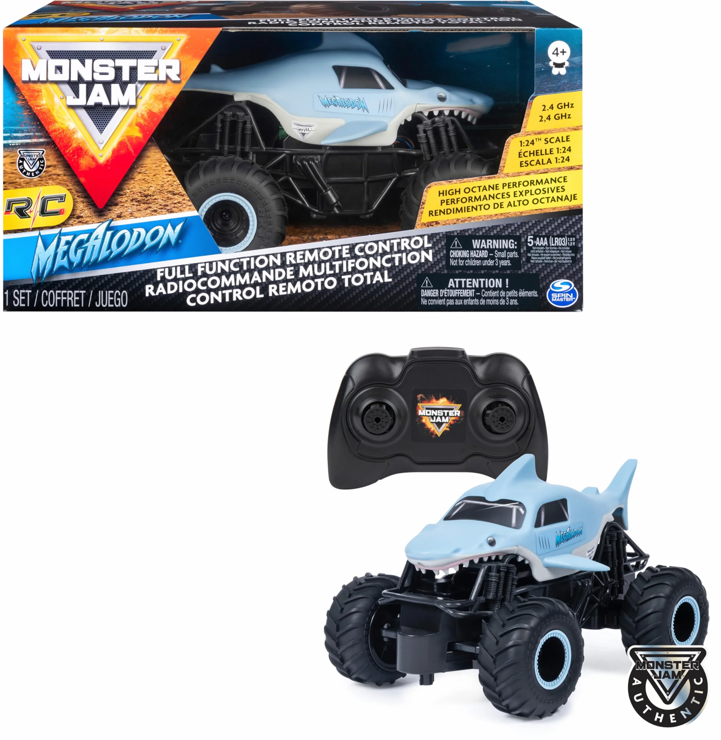 Monster Jam Coche Teledirigido Megalodón RC Monster Truck 1:24 2.4GHz 76m Juguetes Niños 4 Años+
