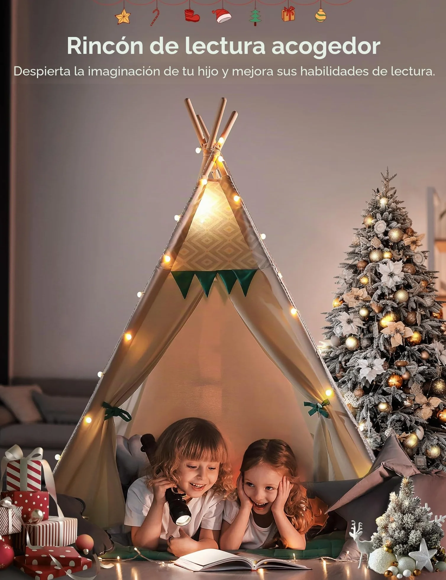 besrey Tipi Infantil Indio para Niños Tienda de Campaña Infantil Canvas Tipi de algodón con Alfombra Acolchado y Luces de Hadas (Verde y Blanco)