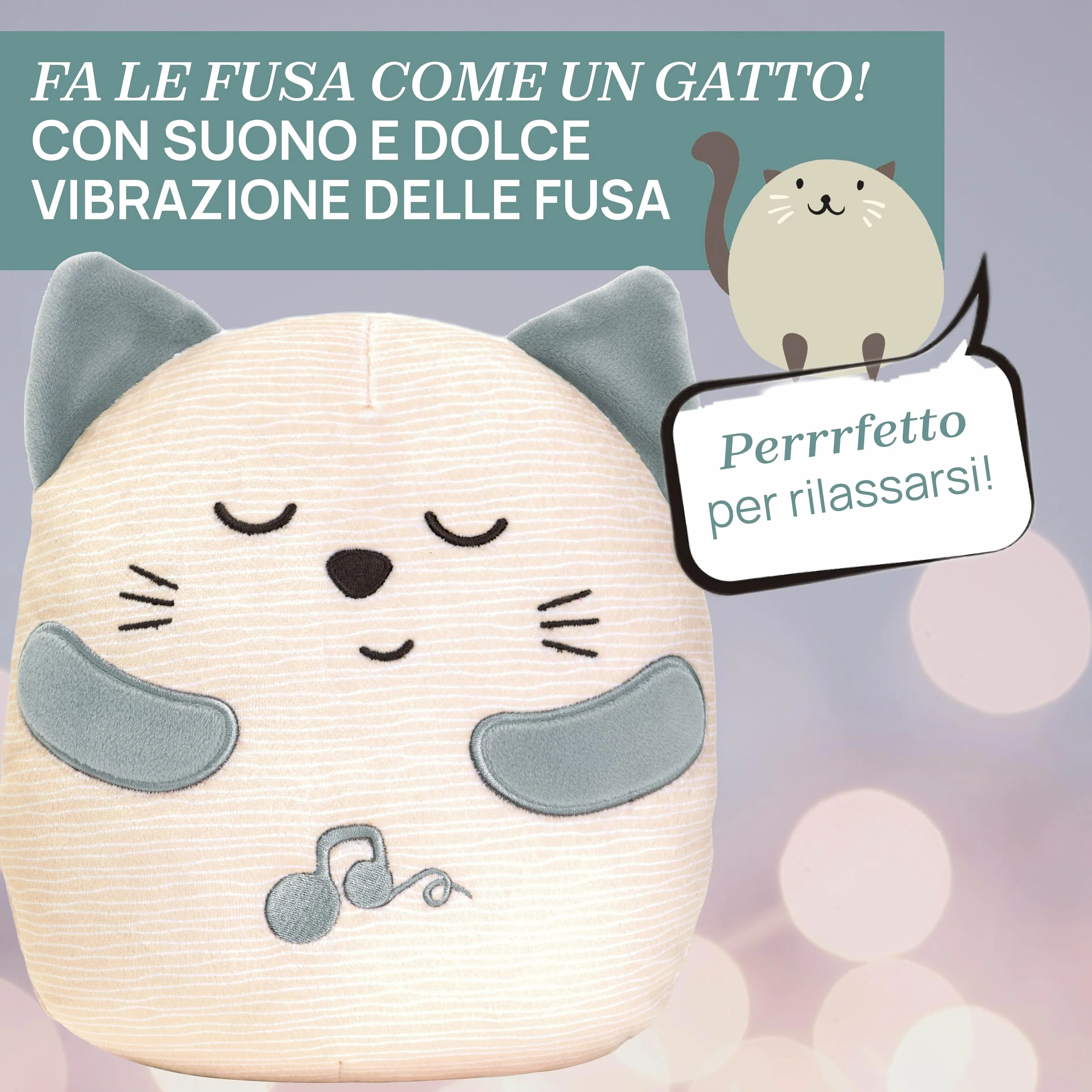 Chicco, Gatito Ronroneador, Peluche Electrónico Interactivo, Reproduce el Sonido y Las Vibraciones de los Ronroneos del Gato, Música Clásica, Tacto Suave, Lavable en Lavadora, Juguete Bebés +0 Meses