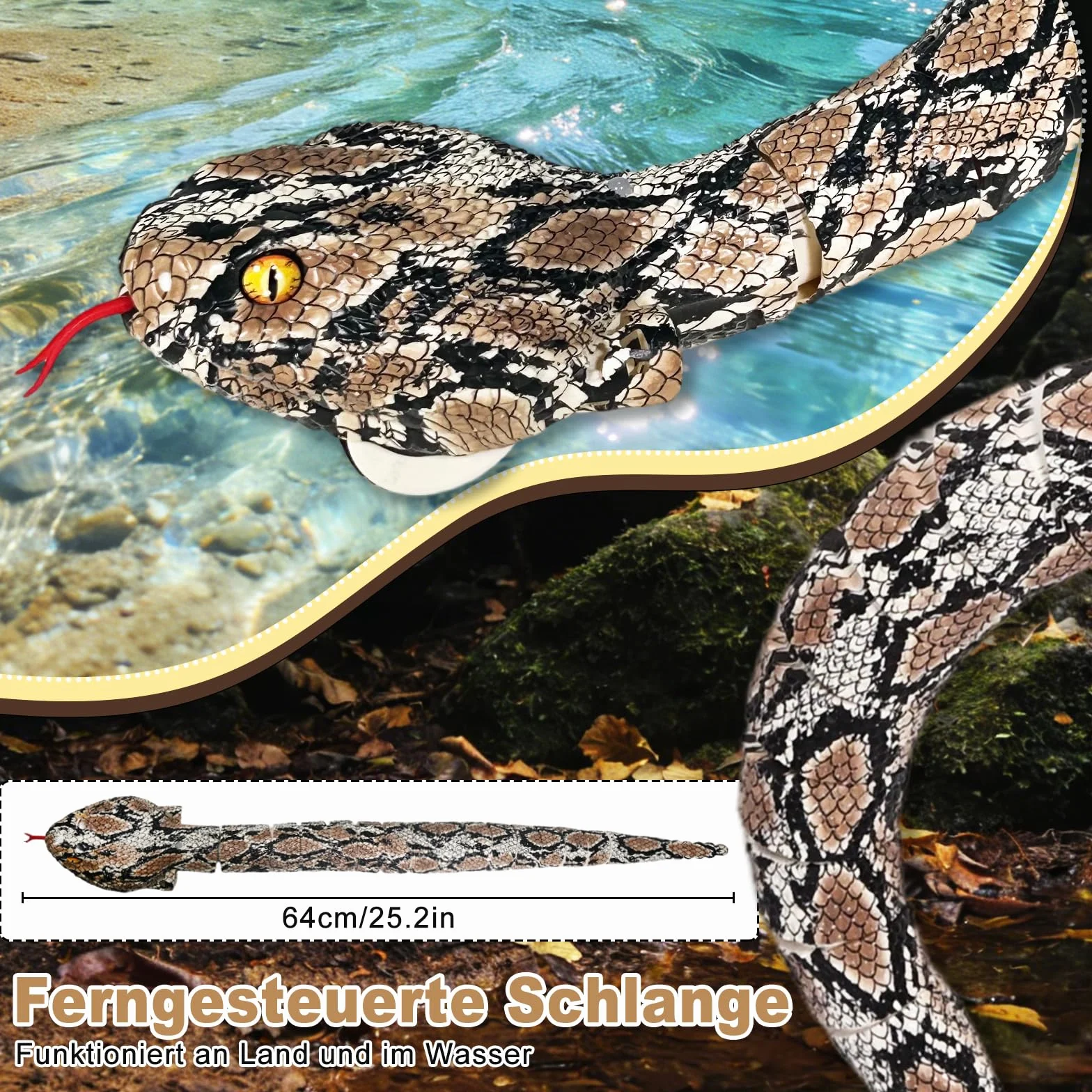 HILKKET Serpiente Teledirigida, Serpiente pitón Teledirigida de 64 cm, Juguete eléctrico de Serpiente para Tierra y Agua a 5 km/h, Juguete Impermeable para Piscina, Juguete Acuático para Niños