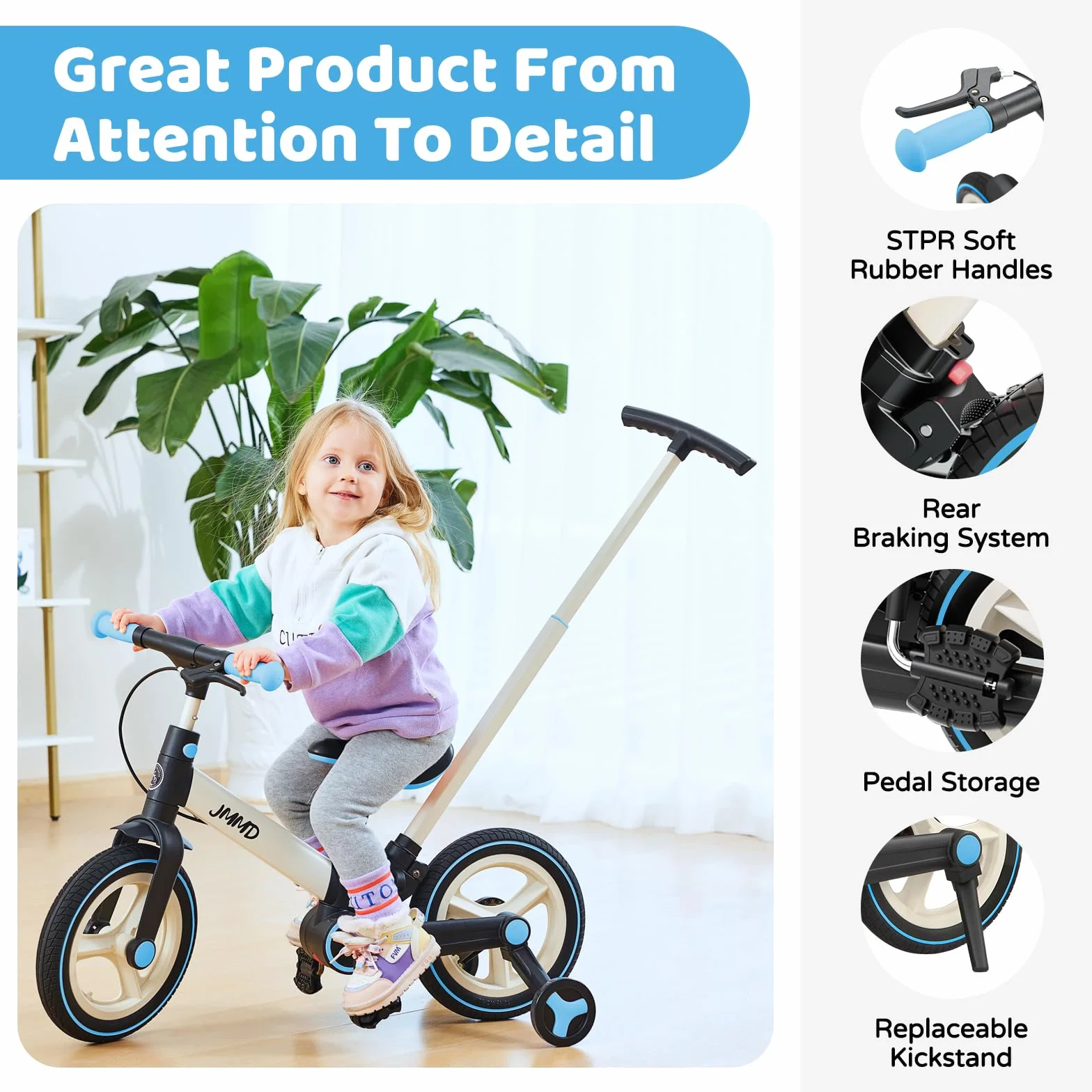 JMMD Bicicleta 6 en 1 para Niños Pequeños con Ruedas de Entrenamiento y Pedales, Edad 18 Meses a 5 Años, Bicicleta de Equilibrio y Pedal 12" Transformable y Plegable