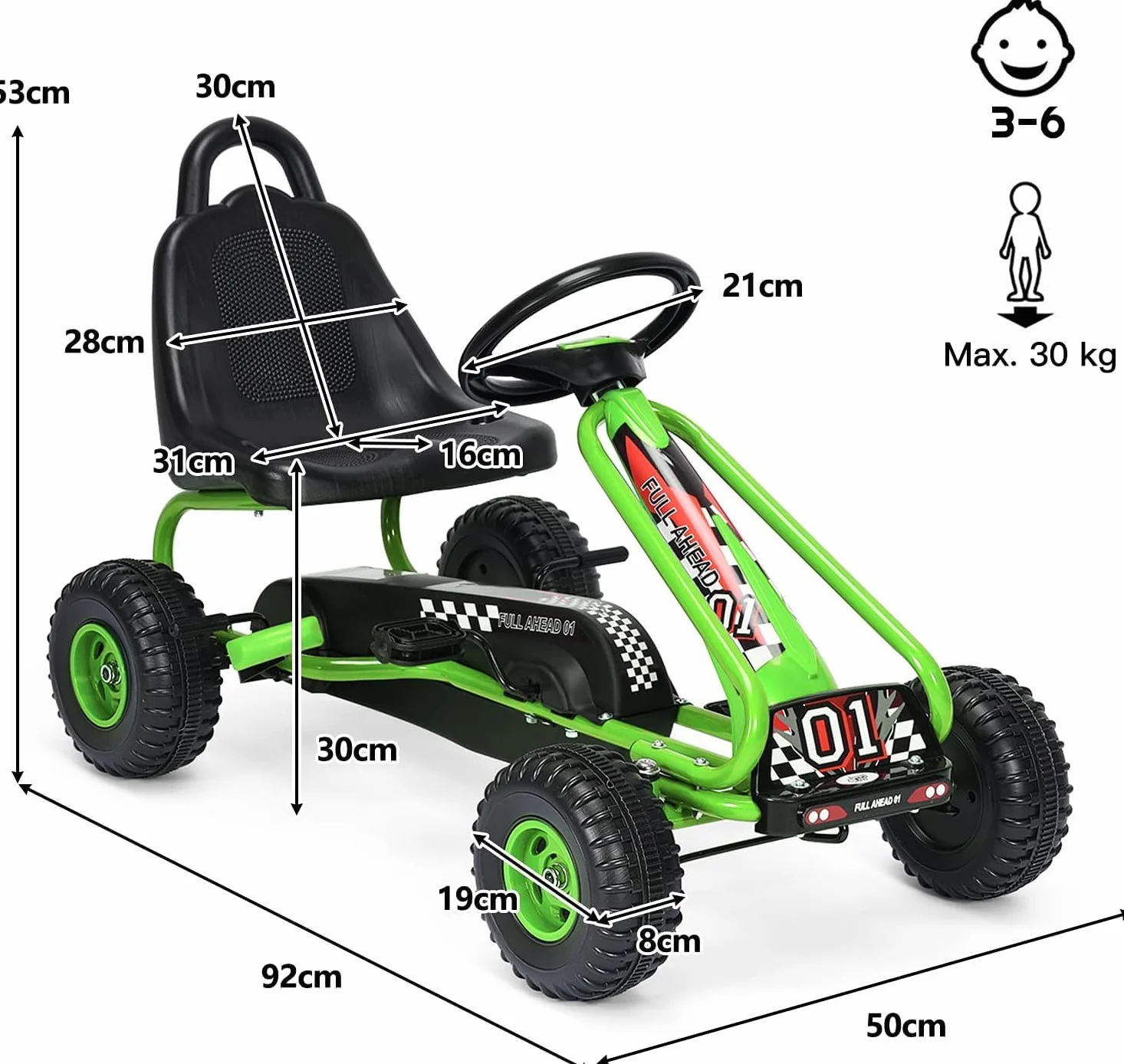 RELAX4LIFE Go Kart para Niños Con Freno de Mano y Asiento Ajustable, Coche de Pedales Con Ruedas Antideslizantes, 3-6 Años, Regalo, Carga 30kg (Verde)