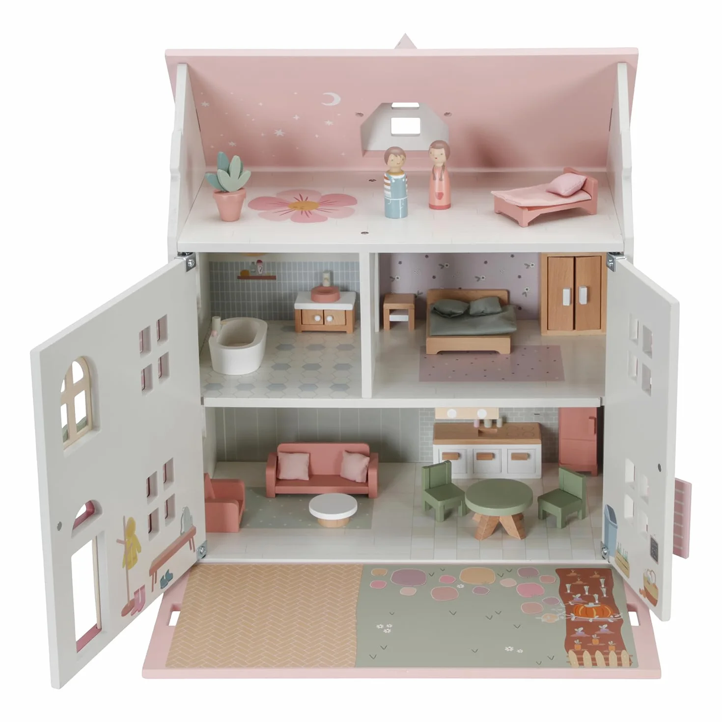 Little Dutch Casa de muñecas grande de madera desplegable con muchos accesorios, figuras de juego y muebles, color blanco y rosa