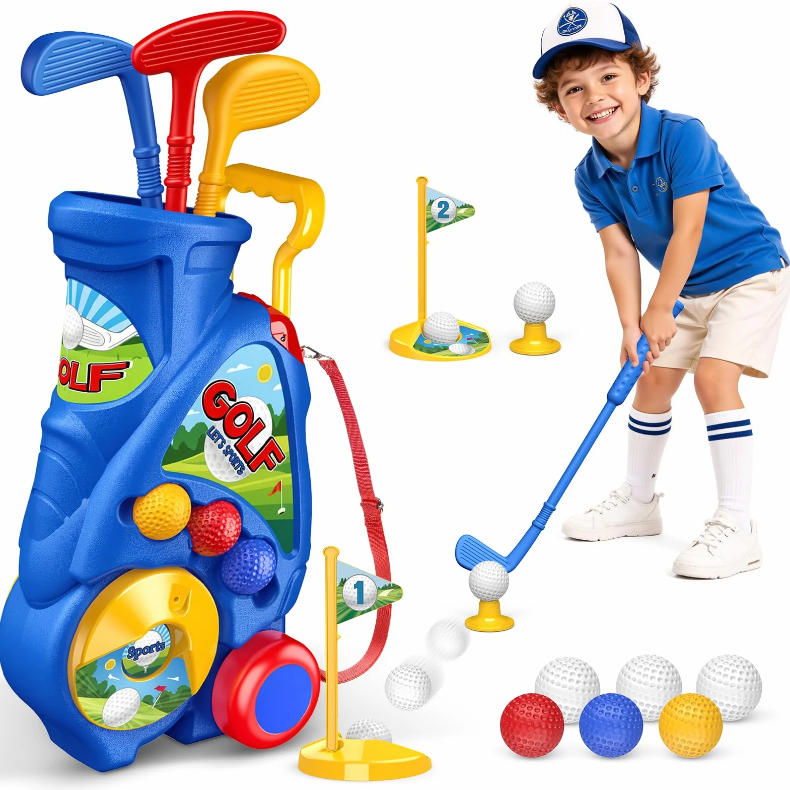 Naxudcoo Juguetes Niños 2 3 4 Año: Juego de Golf con Carrito Mejorado y Correa para Hombrero, Juguete Educativo para Interior y Exterior, Regalo Ideal para Cumpleaños, Navidad (Azul)
