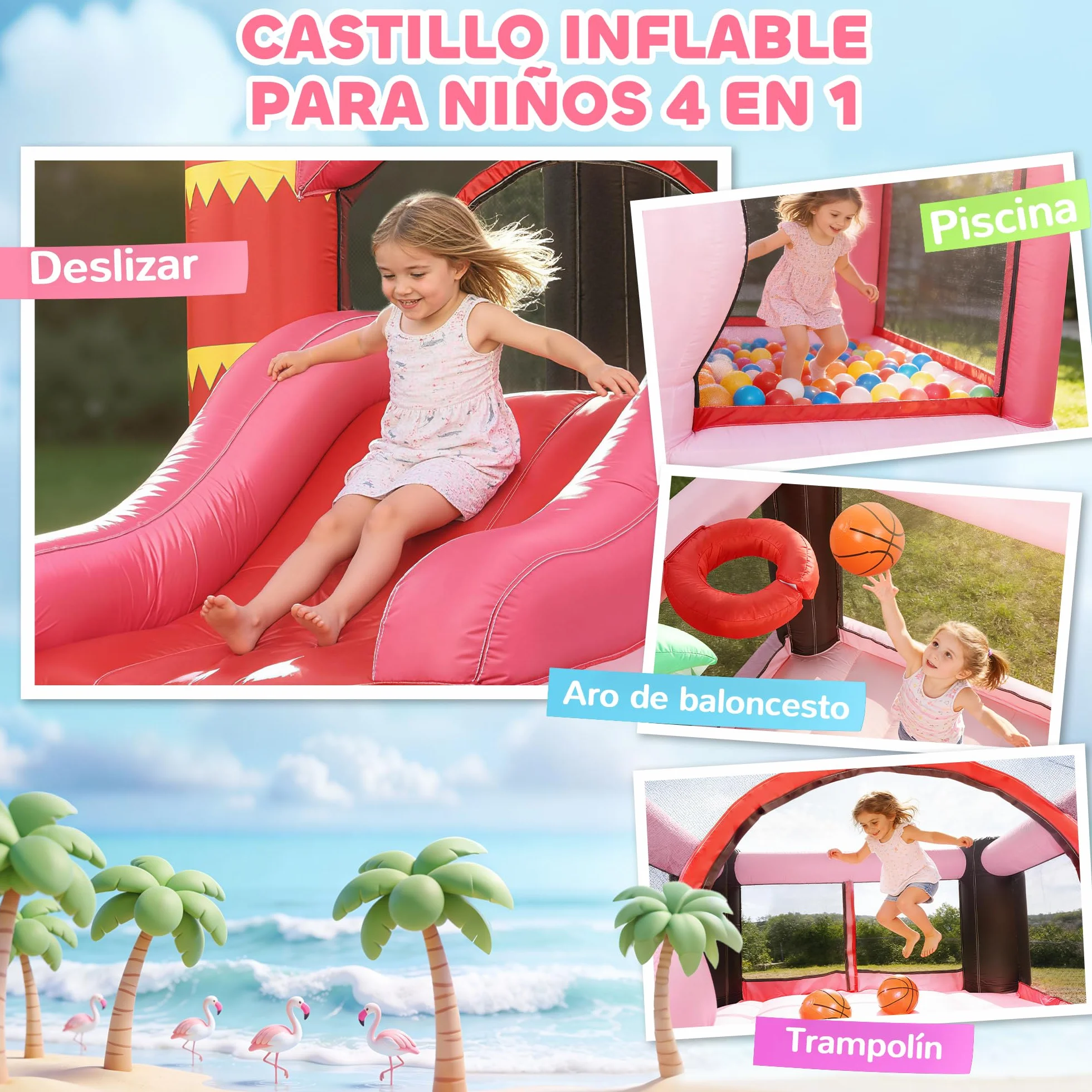 AIYAPLAY Castillo Hinchable para Niños con Soplador, Castillo Hinchable con Tobogán, Cama Elástica, Piscina de Pelotas, Canasta de Baloncesto, Diseño de Flamenco, Interior y Exterior, 255x230x196 cm