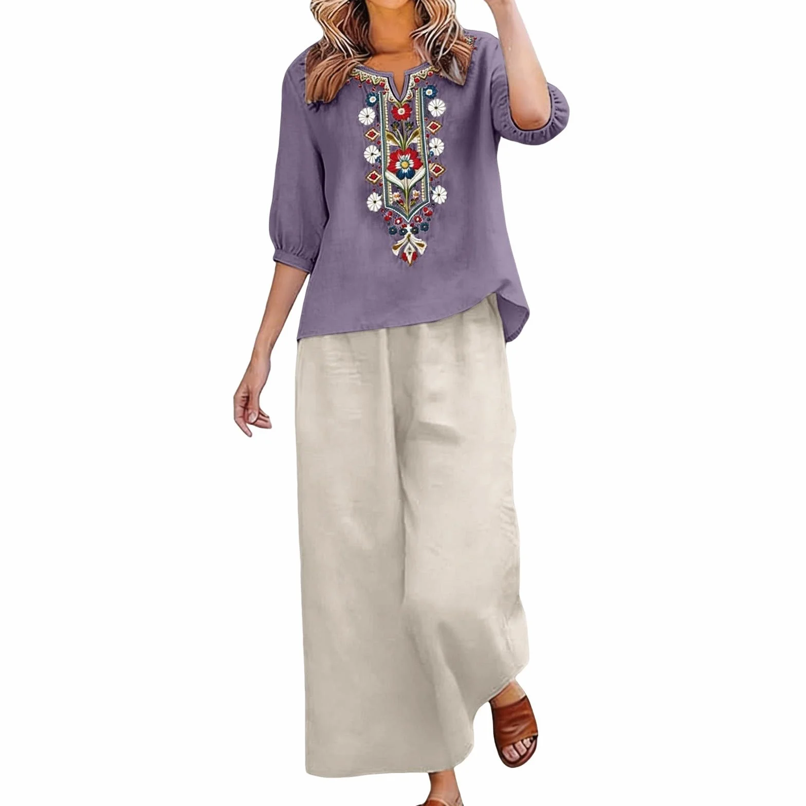 Riou Conjunto Mujer Verano 2 Piezas Algodon Lino Traje Primavera Ligero Chándal Blusa Manga 3/4 Pantalones M-3XL