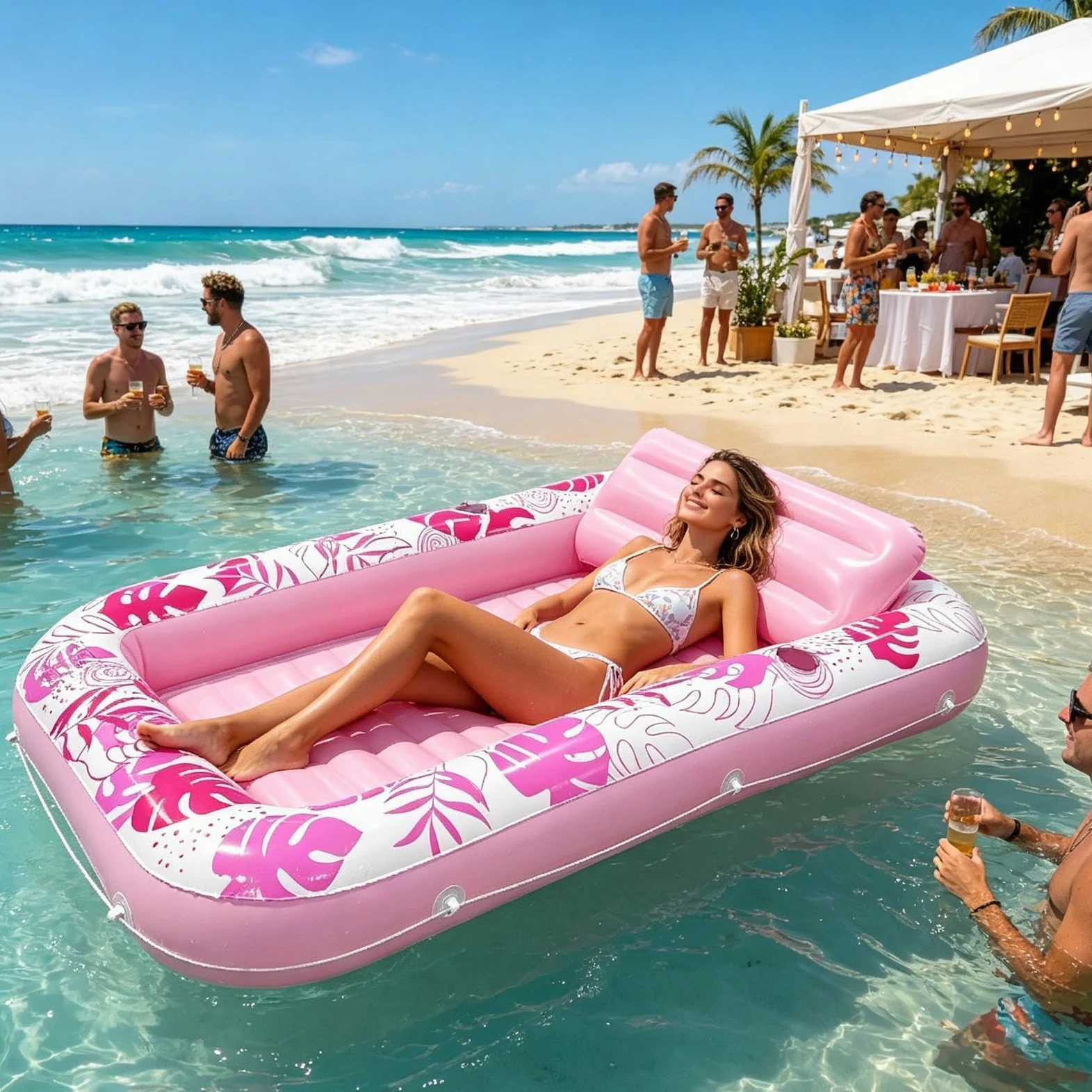 Flotador Inflable para Tumbona De Piscina, Cama De Bronceado Inflable Rectangular con Almohada Y Portavasos, Flotadores De Piscina Resistentes, Tumbona Flotante para Adultos, Playa De Verano