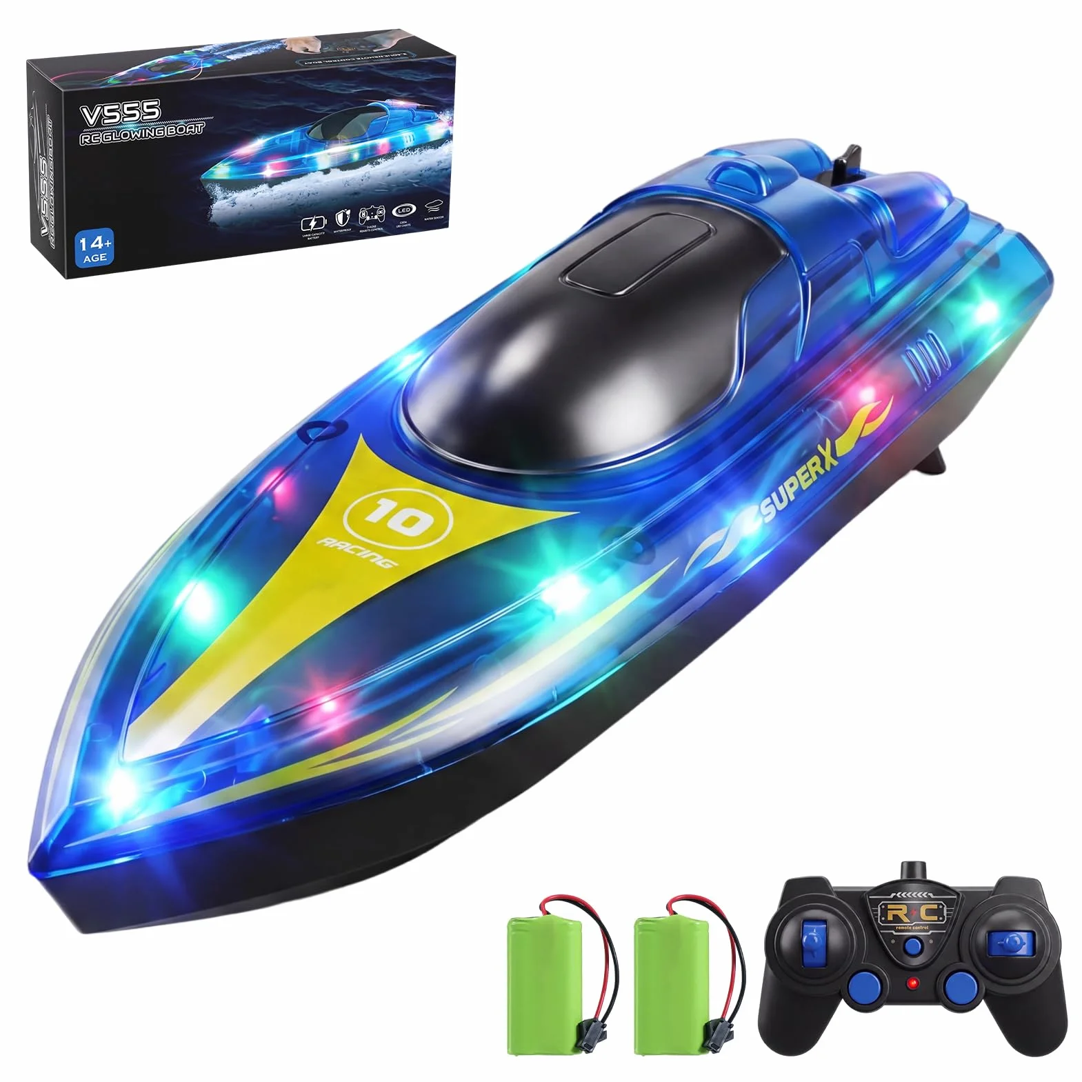 Barco Teledirigido, 2.4GHz Lancha Teledirigida con Luces LED, 2 Baterías, 90+ Mins, Alerta de batería baja, 15KM/H Barco RC para Piscinas Lagos, Juguete acuático para Adultos, niños de 14 años arriba