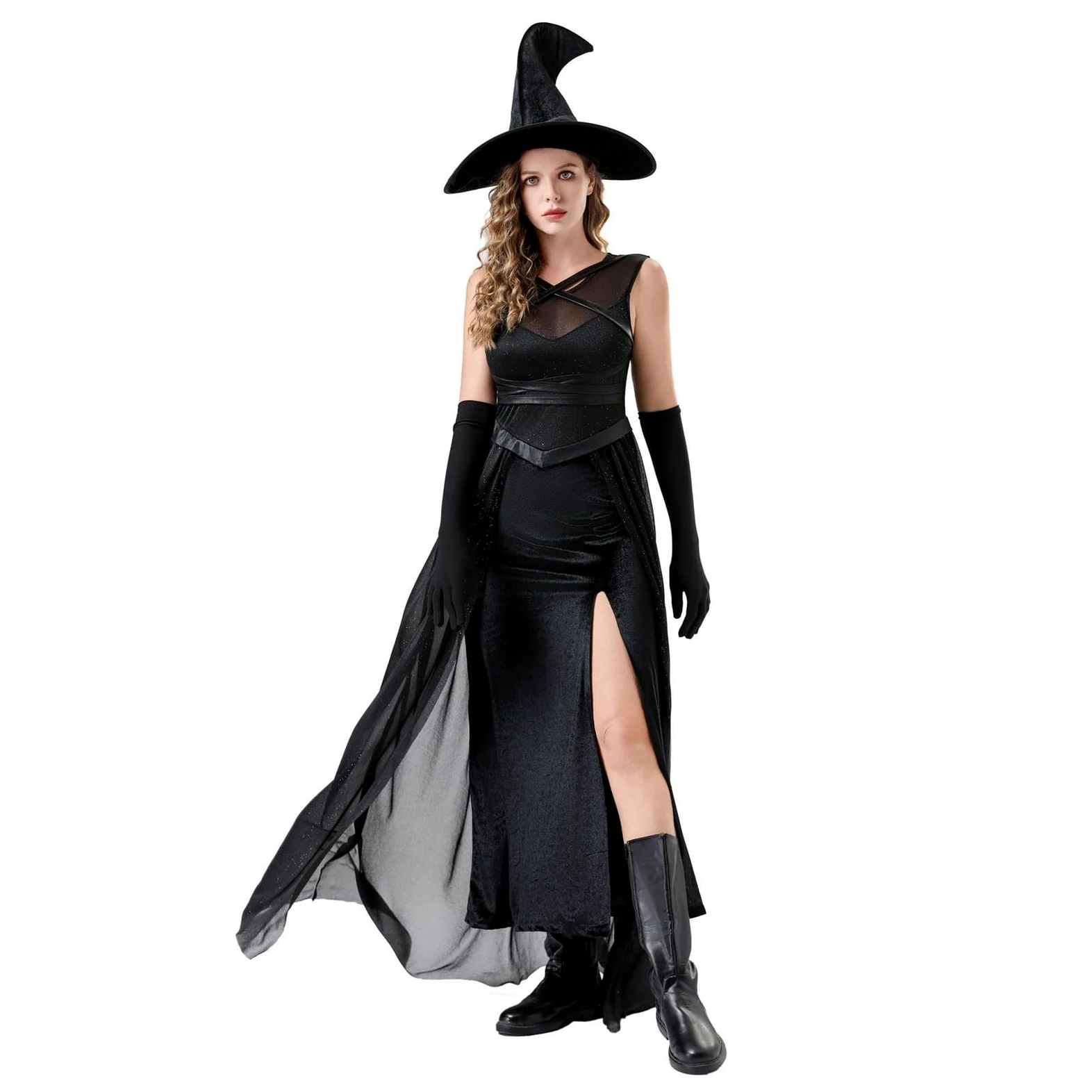 Generisch Disfraz de Halloween para mujer, disfraz de bruja sexy, disfraz de cosplay, capa de bruja, negro, medias de red, carnaval, disfraz de bruja, juego completo, sombrero de bruja, disfraz de
