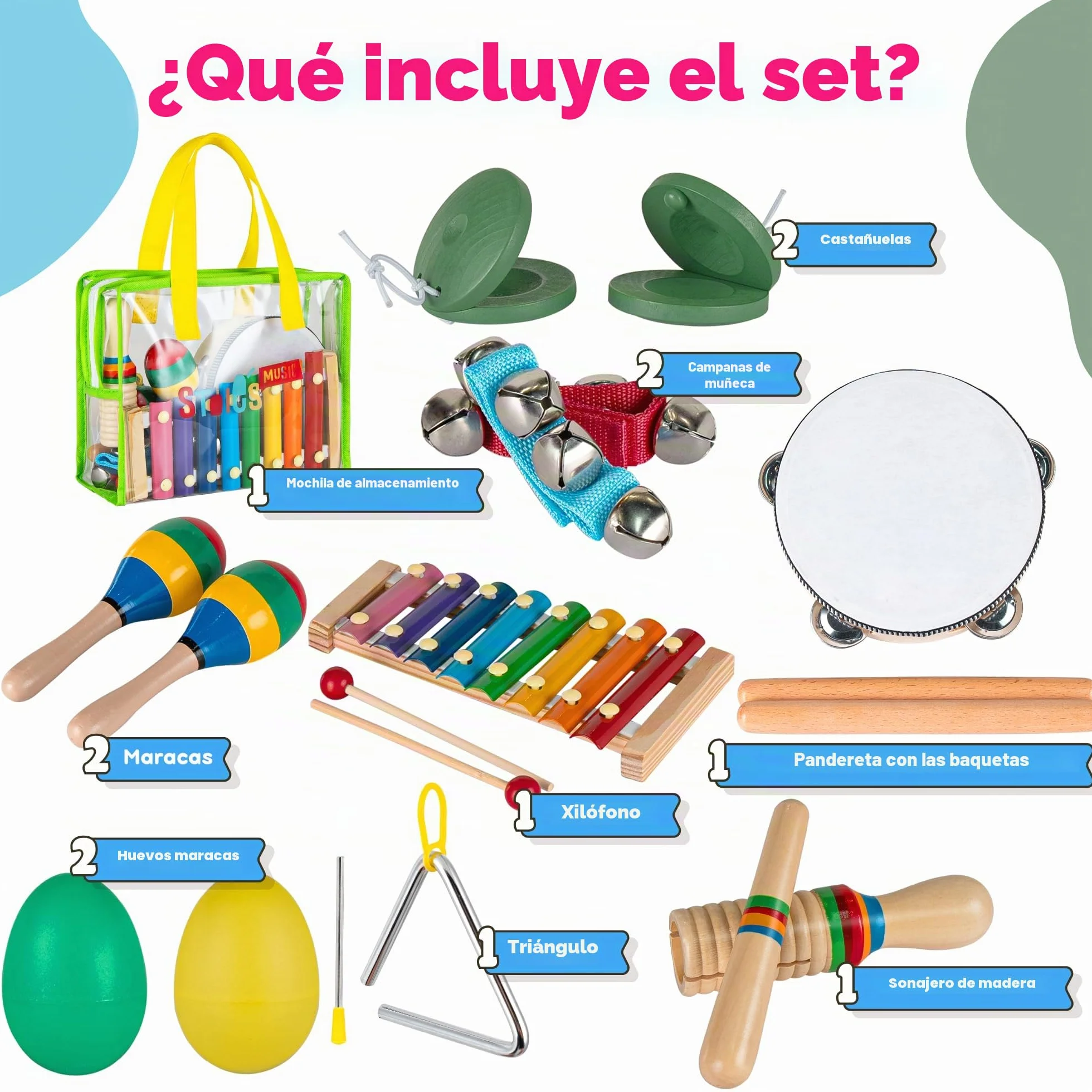 Stoie’s Set de Instrumentos Musicales para Niños – Instrumentos de percusión de Madera para niños de 1 a 3 años, xilófono, pandereta, Maracas, Juguetes Musicales para niños de 3 a 5 años
