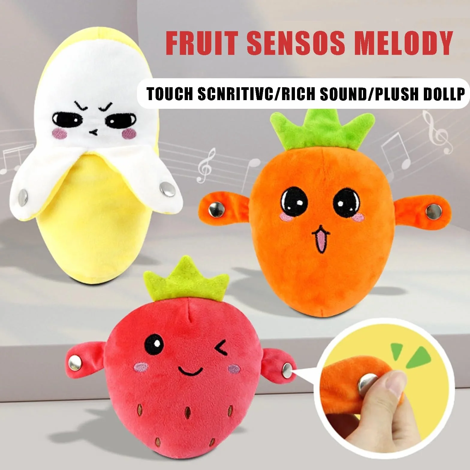 Muñeca Interactiva con Sensor Musical, Muñeca de Peluche en Forma de Fruta con Interacción Feliz Sensible al Tacto y Sonido Enriquecido, 3 Modos, Peluche de Latido con Sensor de Fruta(Yellow)