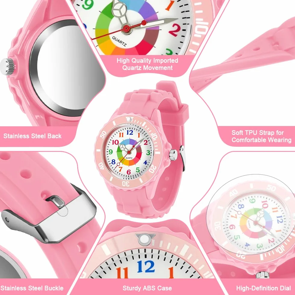 Reloj de Aprendizaje para Niños Impermeable, Analógico con Correa Suave y Esfera Colorida
