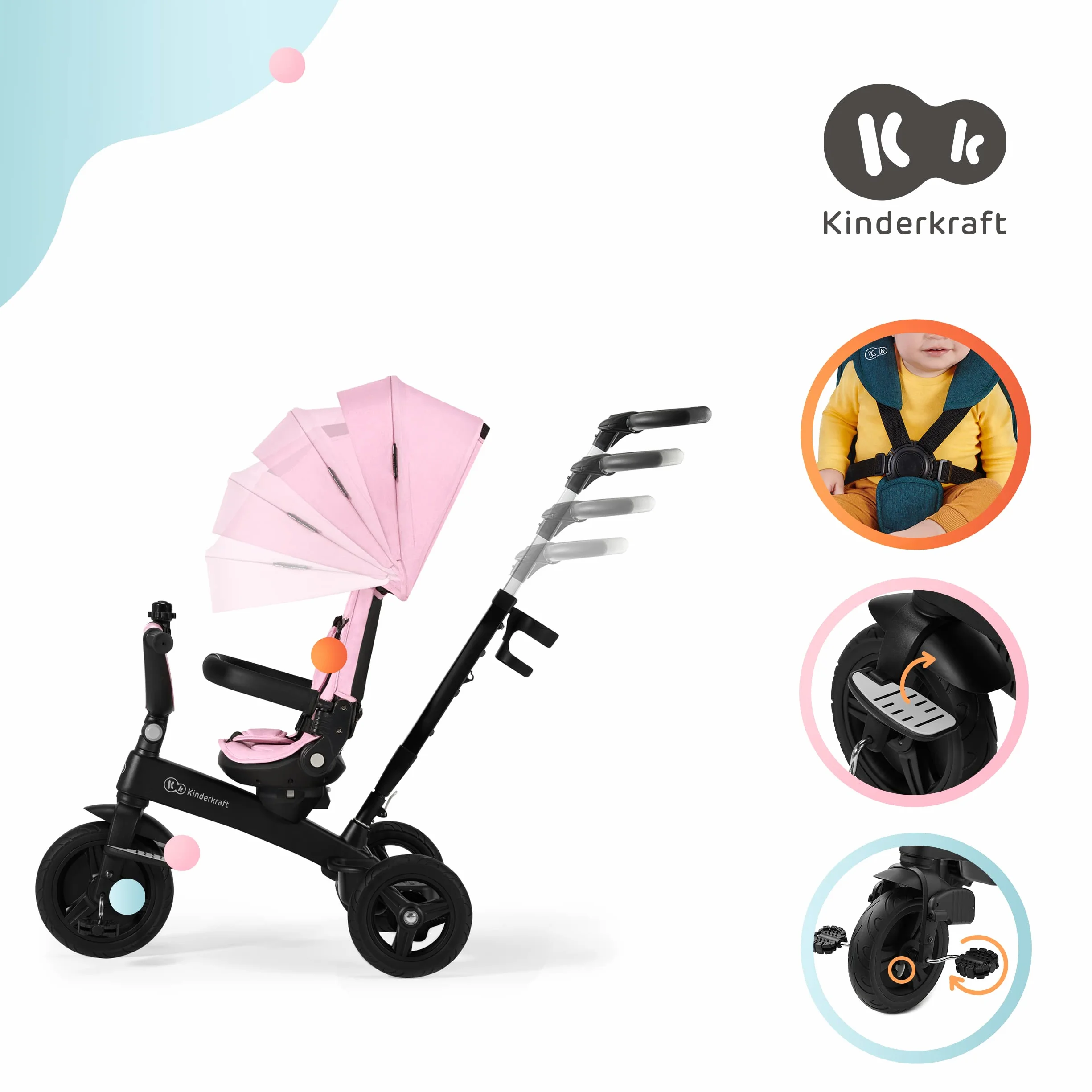 Kinderkraft Triciclo Evolutivo TWIPPER, Asiento Giratorio 360 Grados, 9 Meses a 5 Años, Rosa