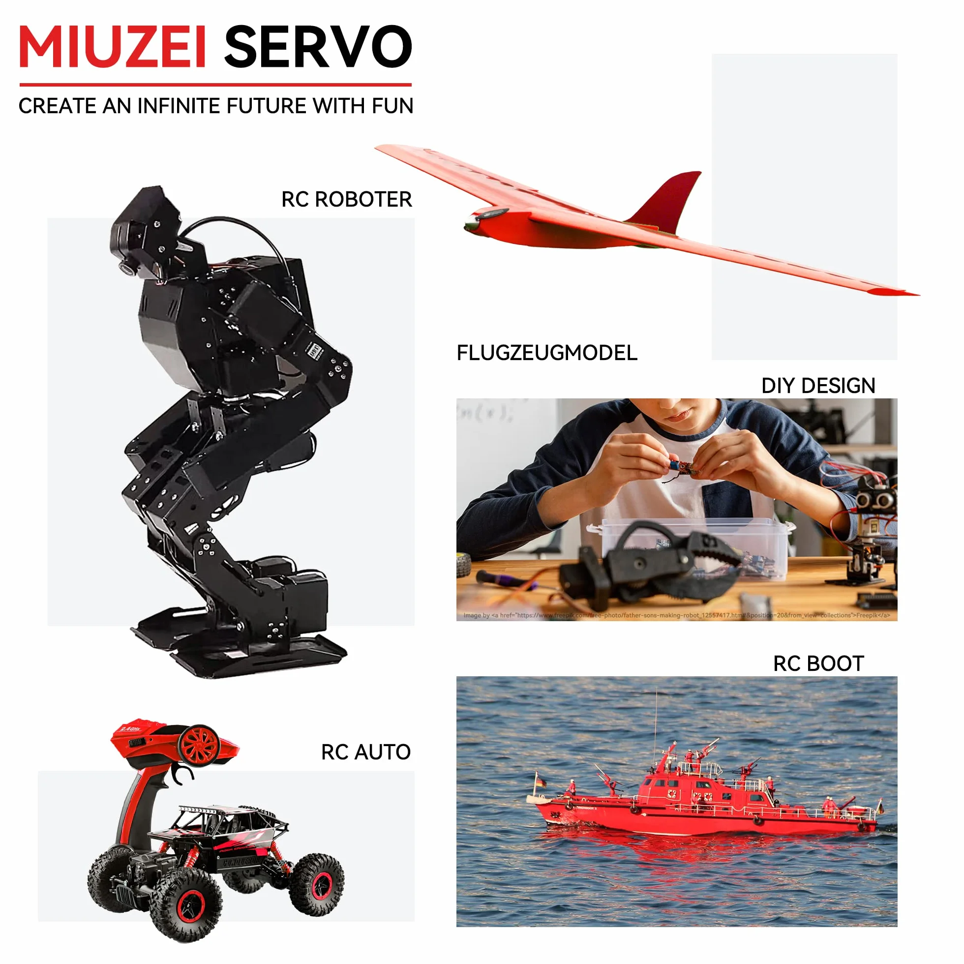 Miuzei 20kg RC Servo Motor 180° Metal Gear Digital Servos with Extension Cable for Arduino Mini,RC Helicoptero Robot Arm Car 1/10 1/8 8,4V Dc High Speed Torque