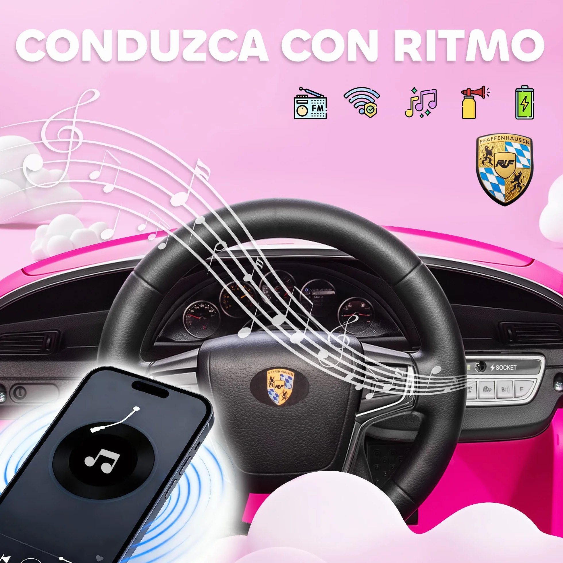 AIYAPLAY Coche Eléctrico para Niños con Licencia RUF CTR 3 Clubsport, Coche de Batería 12V, con Mando a Distancia 2,4 G, Motor Doble, Música Inalámbrica, Bocina, Ruedas Auxiliares y Faros LED, Rosa