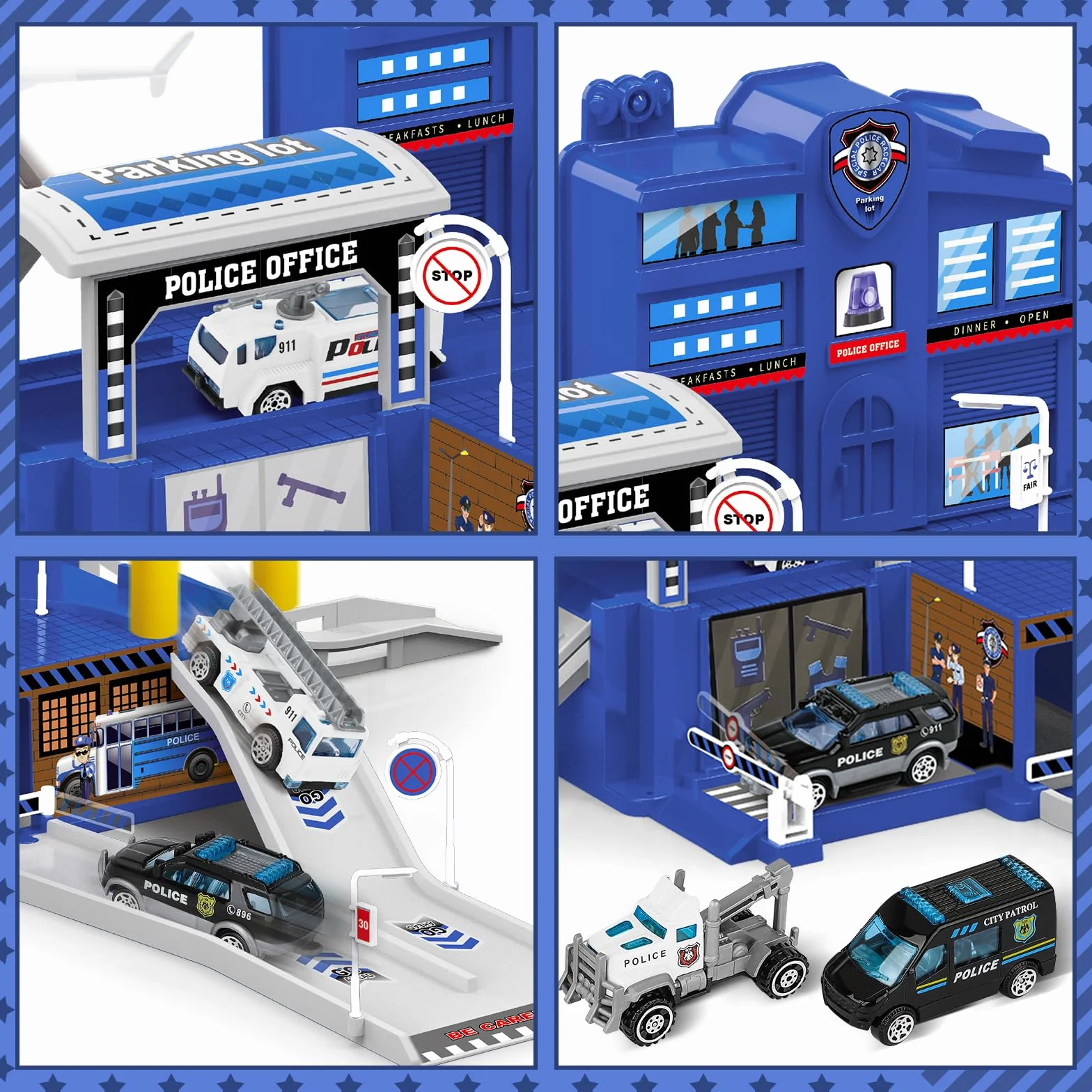 deAO City Estación de Bomberos, Departamento de Policía, Estación de Construcción, Base Militar, Helicóptero, Camión, Mapa, Regalo para Niños y Niñas de 6 Años (Azul)