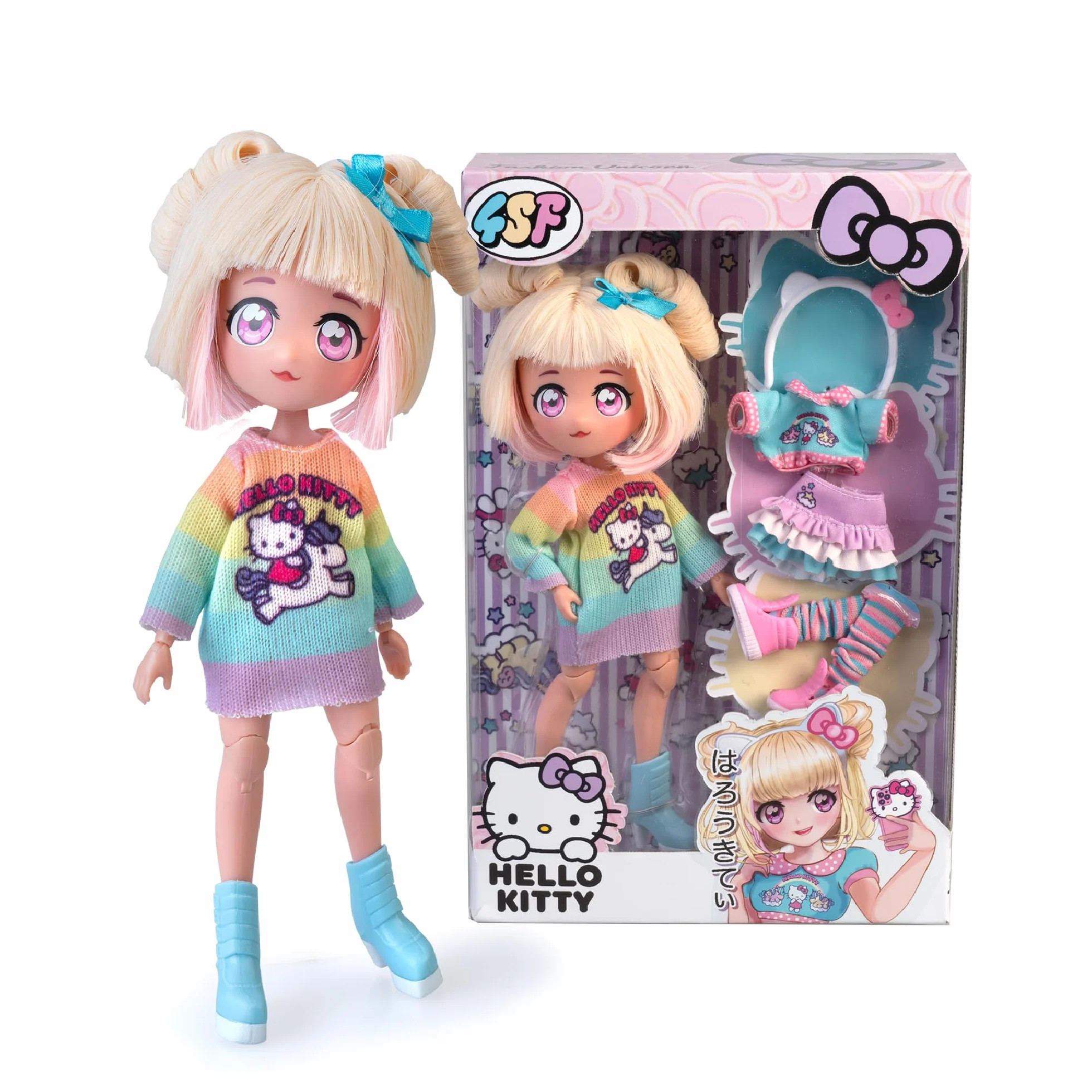 4SF - Hello Kitty Manga Fashion Unicorns, Muñeca Fashion Japonesa, Figura de 19,5 cm con 15 Puntos de Articulación, Incluye Falda Ra-Ra, Calentadores y Diadema con Orejas, Famosa (HKTF2000)