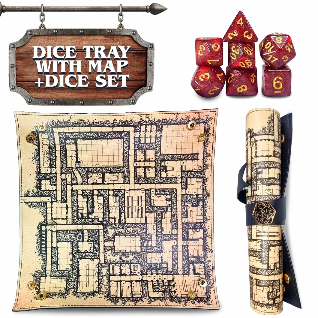 Dungeon Tablero y Bandeja para Tirar Dados con Mapa + Juego de 7 Dados Rol, D&D, Tapete, Dungeons and Dragons, Dragones y Mazmorras, DND, Poliedricos
