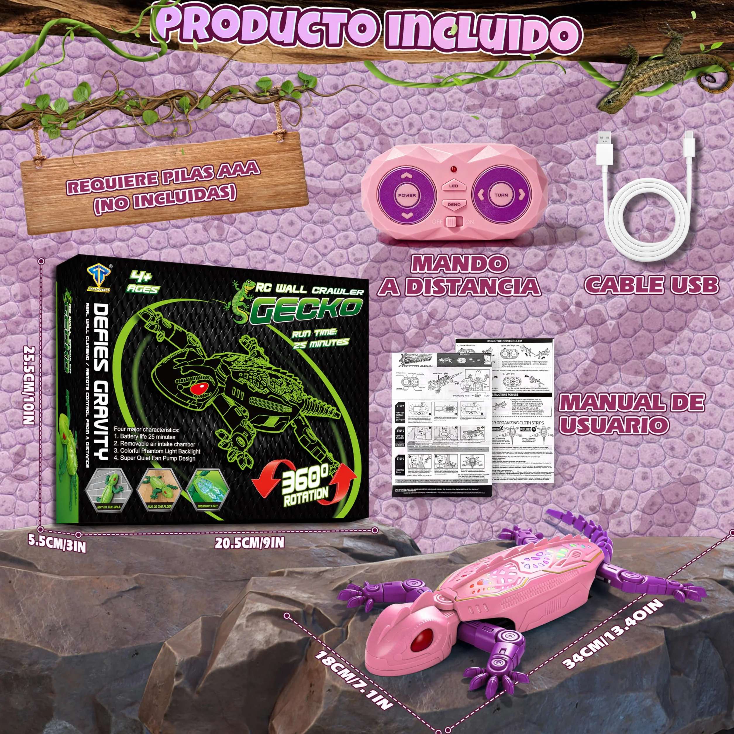 FORMIZON Lagartija Teledirigida con 9 Iluminación, Lagarto teledirigido Pared, Geko Teledirigido Juguete Movimientos Realistas, Regalo Interactivo de Robot para Niños y Niñas a Partir de 3 A (Rosa)