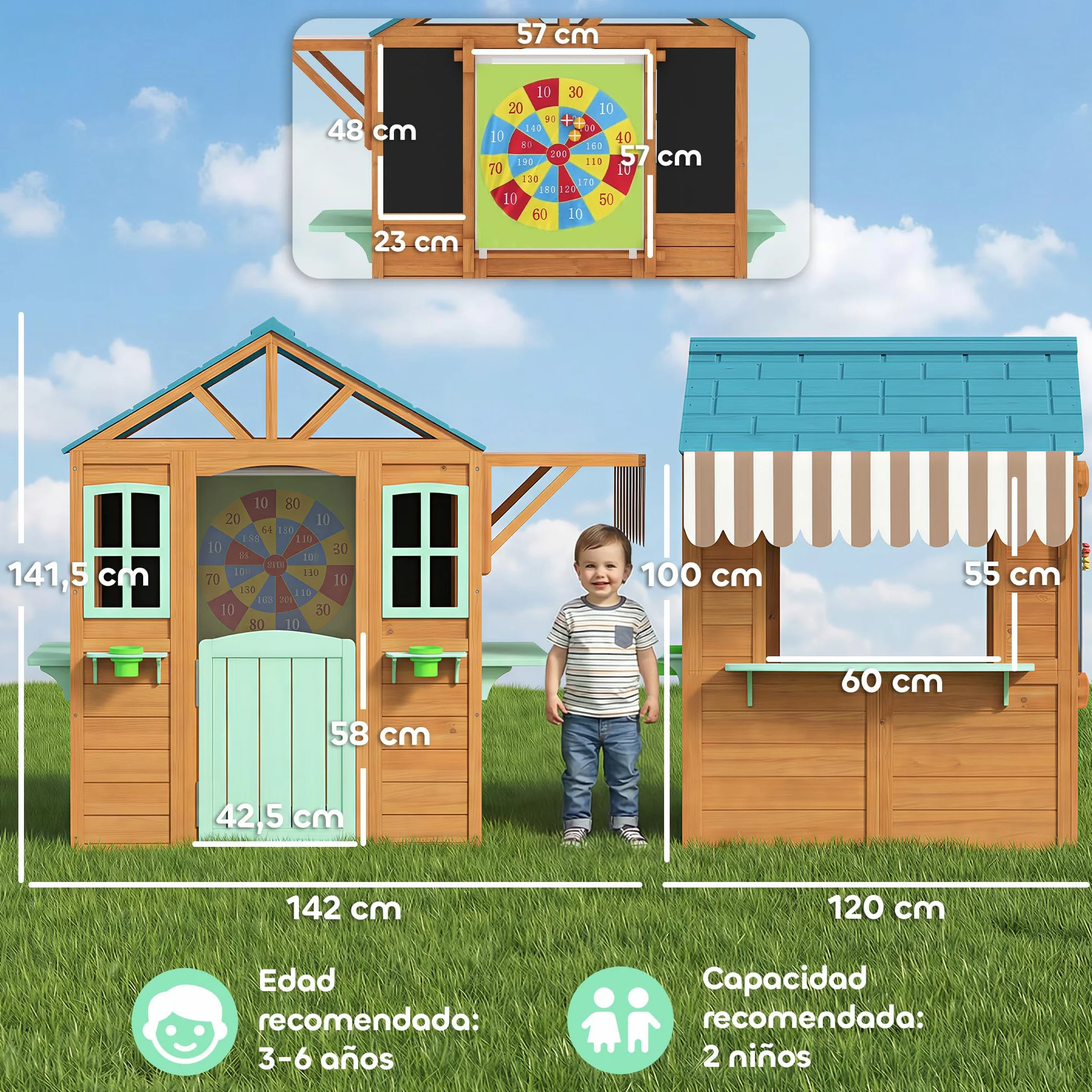 AIYAPLAY Casita Infantil Madera Exterior Interior con Barra Snack Maceteros Pizarra Ventanas Tela Tiro Pelotas Jardín Niños 3-6 Años Multicolor