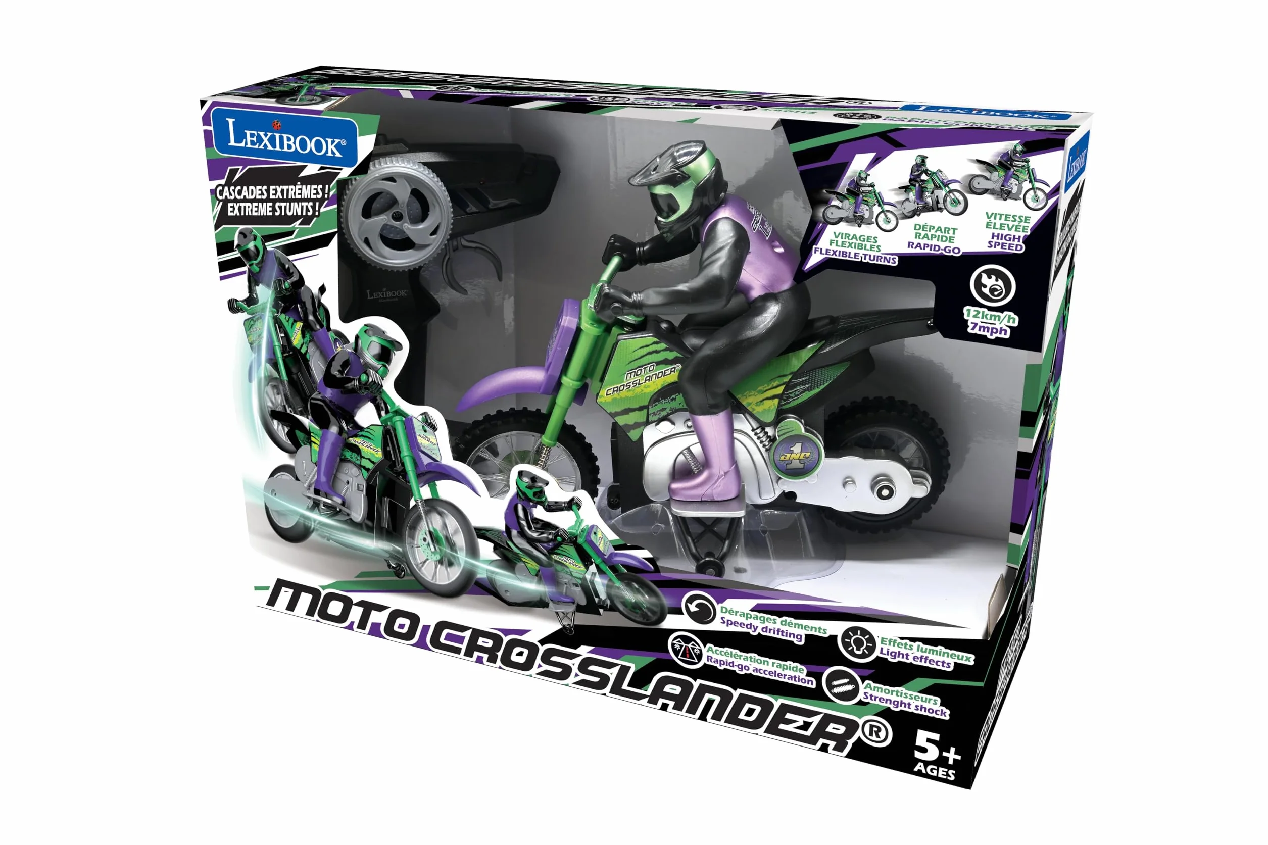 Lexibook, Moto Todoterreno radiocontrolada Crosslander®, hasta 12km/h, Equilibrio, Efectos de luz, derrapes Locos, aceleración rápida, Mando a Distancia ergonómico, Recargable, RC18LXB